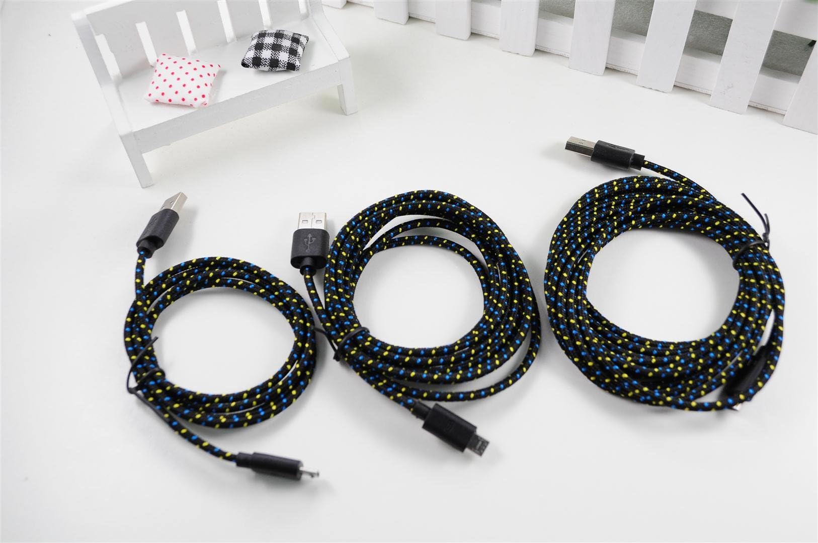 Lot Pack 3pcs 3FT 6FT 10FT (1M 2M 3M) Ruggedized Nylon Braided Fabric Cloth Jacket USB to Flat Micro USB Data Sync Cable Charging Cord for Samsung Galaxy S2 S3 S4 I9500 HTC Blackberry (Black & Blue)