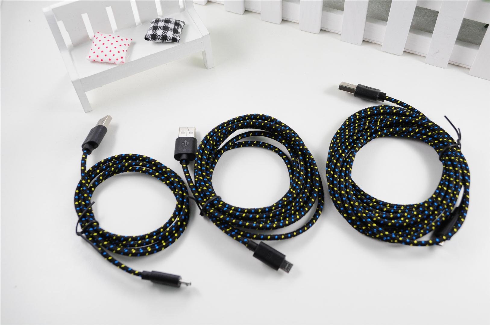 Lot Pack 3pcs 3FT 6FT 10FT (1M 2M 3M) Ruggedized Nylon Braided Fabric Cloth Jacket USB to Flat Micro USB Data Sync Cable Charging Cord for Samsung Galaxy S2 S3 S4 I9500 HTC Blackberry (Black & Blue)