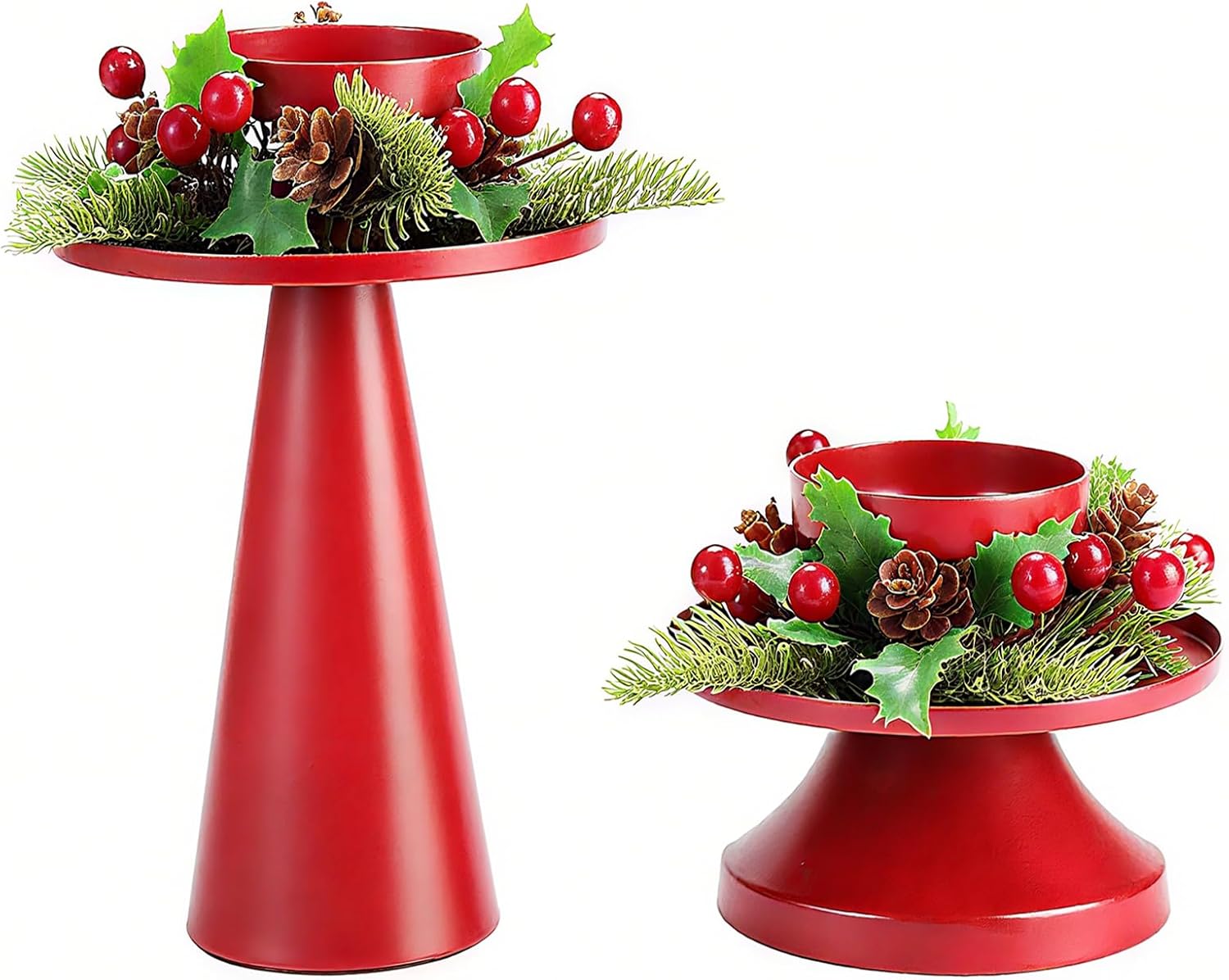 Red Metal Pillar Candle Holders Set of 2 with Red Berry Pinecone Wreath, Vintage Farmhouse Candle Stands for Table Centerpiece, Retro Candlestick Holder for Dining & Living Room Decoration