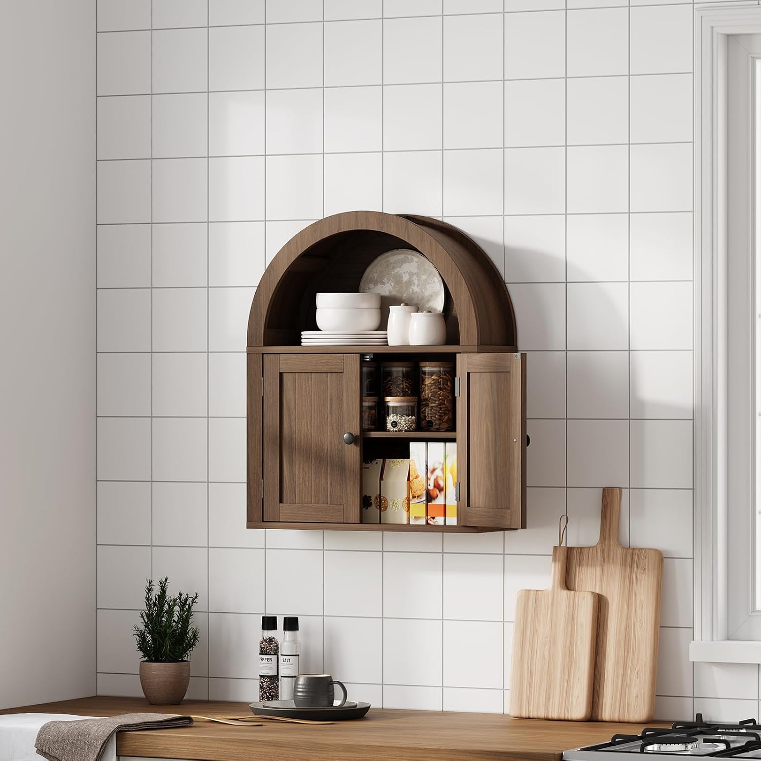 ChooChoo Arched Wall Cabinet, Double Door Medicine Cabinet with Shelf