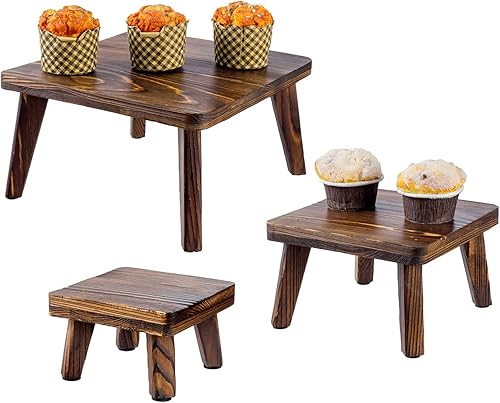 MyGift Juego de 3 soportes cuadrados de madera maciza quemada rústica para cupcakes, elevadores comerciales para alimentos o postres, pedestales de