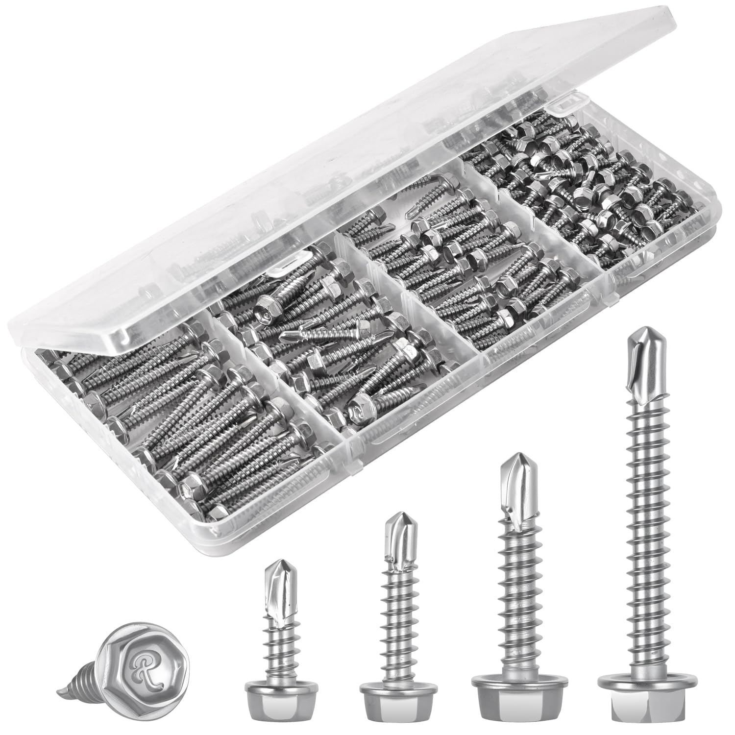 150Pcs Self Drilling Screws Assortment Kit, 410 Stainless Steel Self Tapping Sheet Metal TEK Screws, #8 1/2″ 3/4″ #10 1″ 1-1/2″, Hex Washer Head, Rustproof Fasteners for Metal/Wood/Plastic