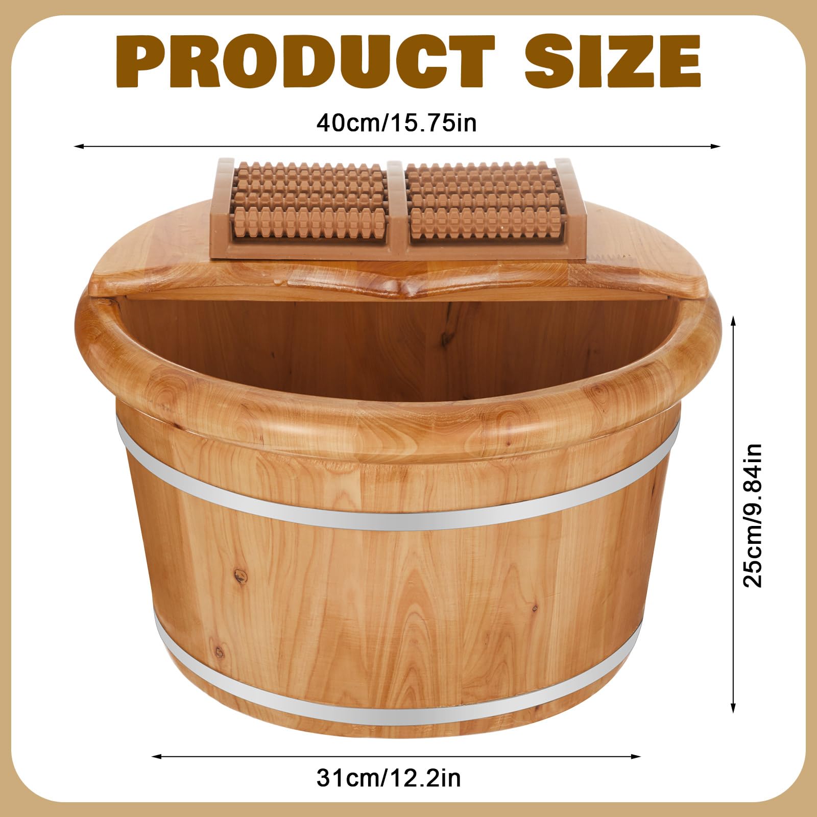 Geelin Seau de bain de pieds en bois de 26 cm de haut avec rouleau de massage et couvercle, bassin à pieds en bois épais isolé pour la relaxation, les semelles de massage, convient pour les familles