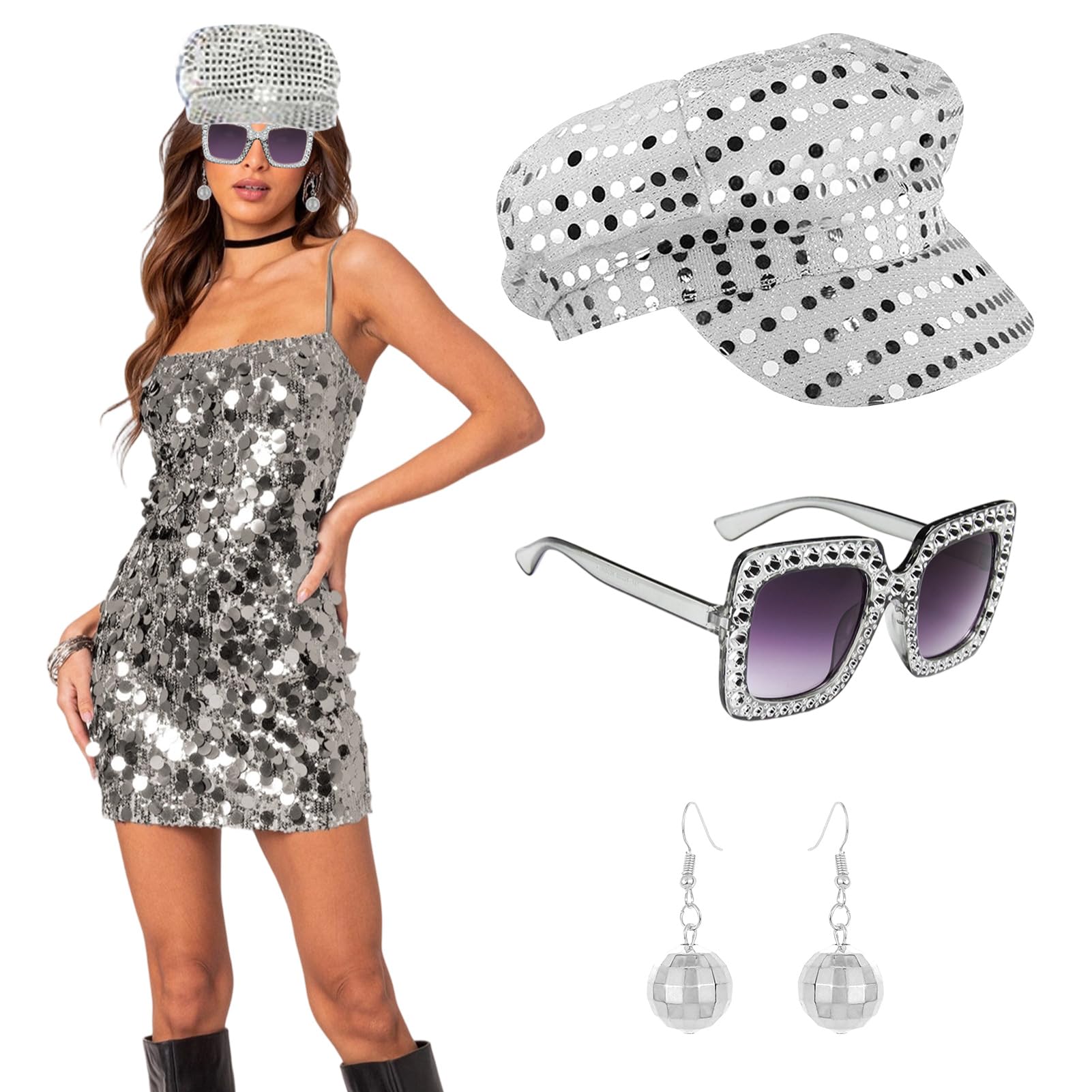 Amycute 80s Silver Sequin Disco Hat Set with Accessories Includes Disco Earrings and Sunglasses, Perfect for ABBA Party Accessories Retro 80s Themed Events (Silver)