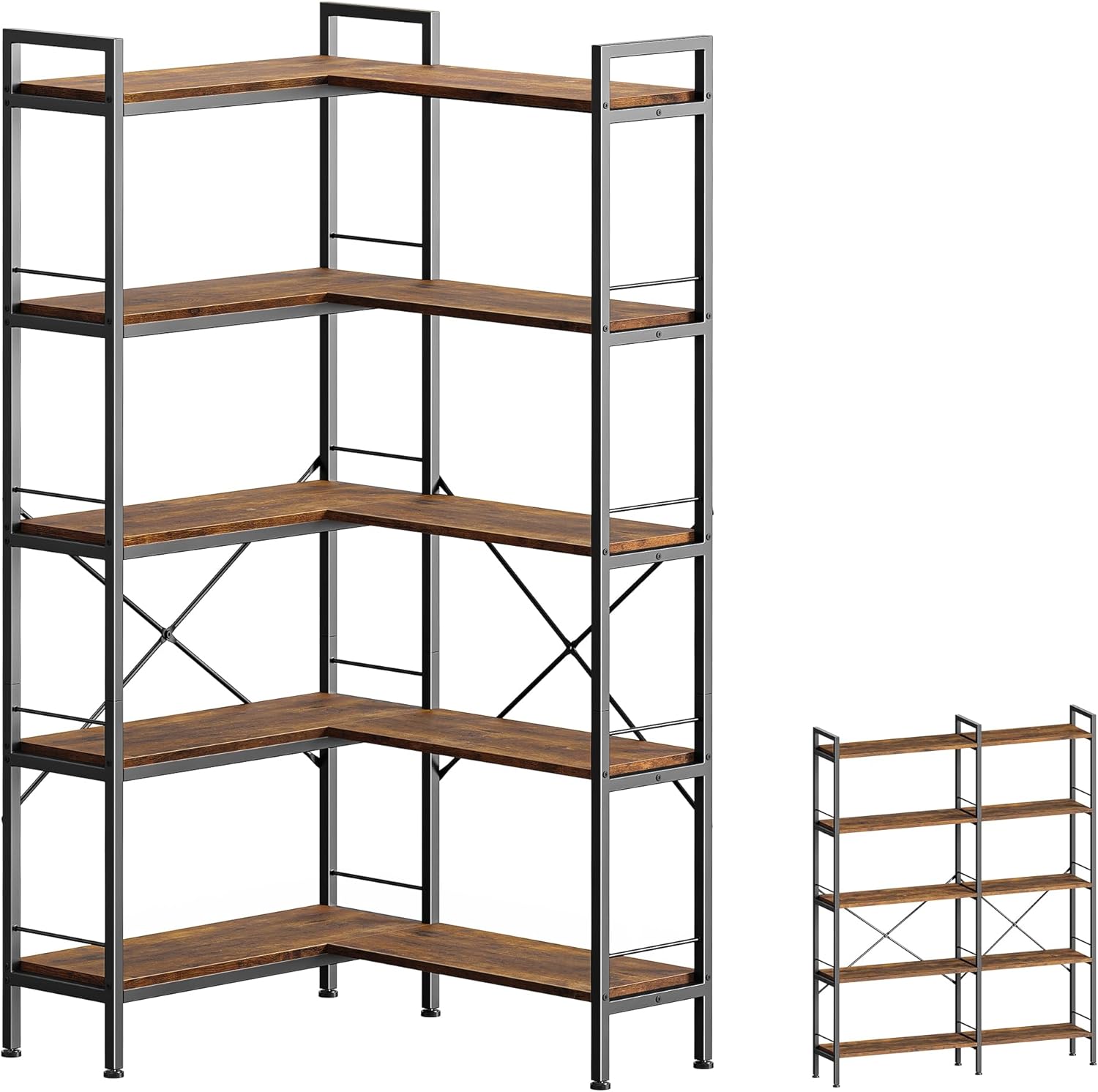 Photo 1 of Huuger 5 Tier Bookshelf, L Shaped Corner Bookshelf with 10 Open Shelves, 49.4 Inch Straight Wide Bookcase with Metal Frame and Wooden Board, Adjustable Feet, Rustic Brown