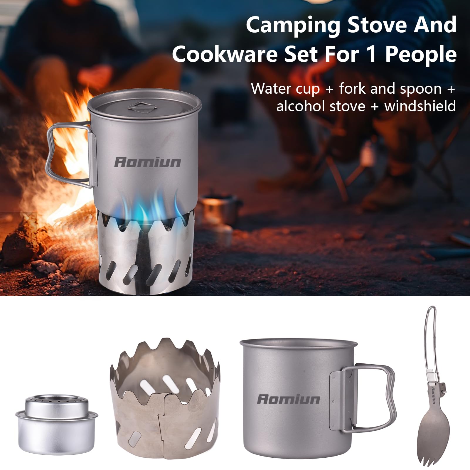 Fornello da campeggio Kit stufa zaino zaino portatile Set da cucina con Ti Cup Forchetta Cucchiaio Stufa Alcol Parabrezza per Escursionismo Pesca Emergenza
