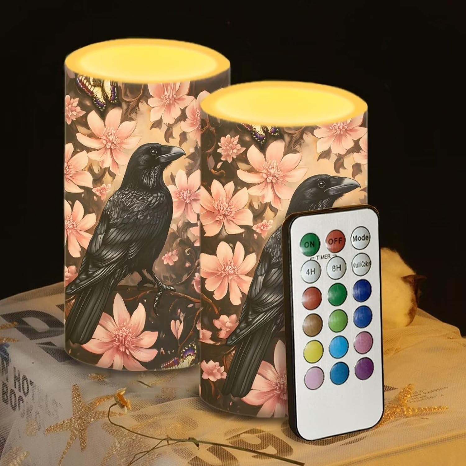 Crow Flameless Candles 2 Pack 6 x 3 inch Battery Operated Candles with Multicolor Timer Remote Control LED Fake Candles for Warm Light Dinner Table Home Decor