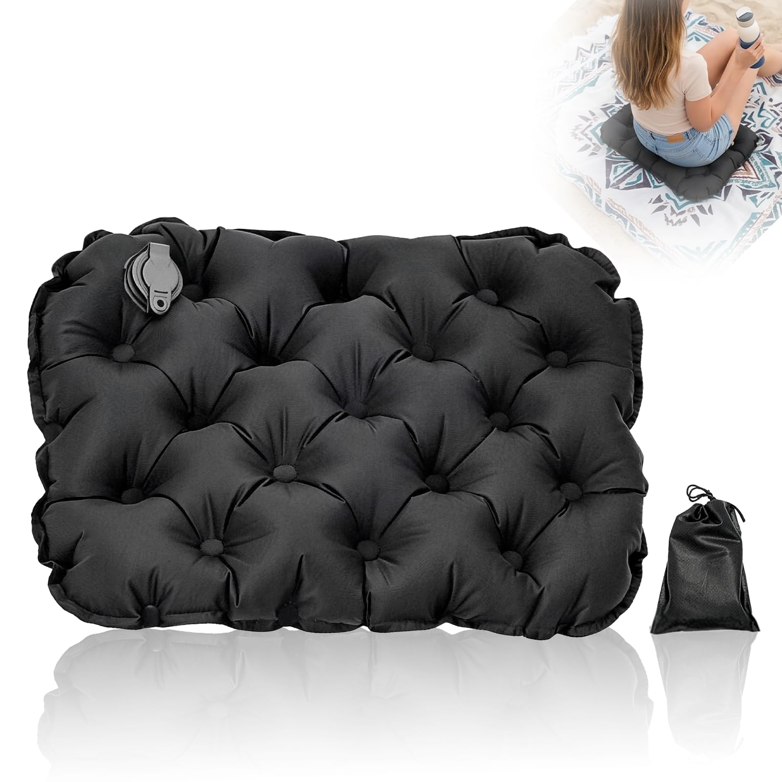 Funnaura Black Travel Inflatable Cushion, Portable Foldable Travel Inflatable Cushions For Long Sitting Camping Hiking Airplane Car & Office (Black)
