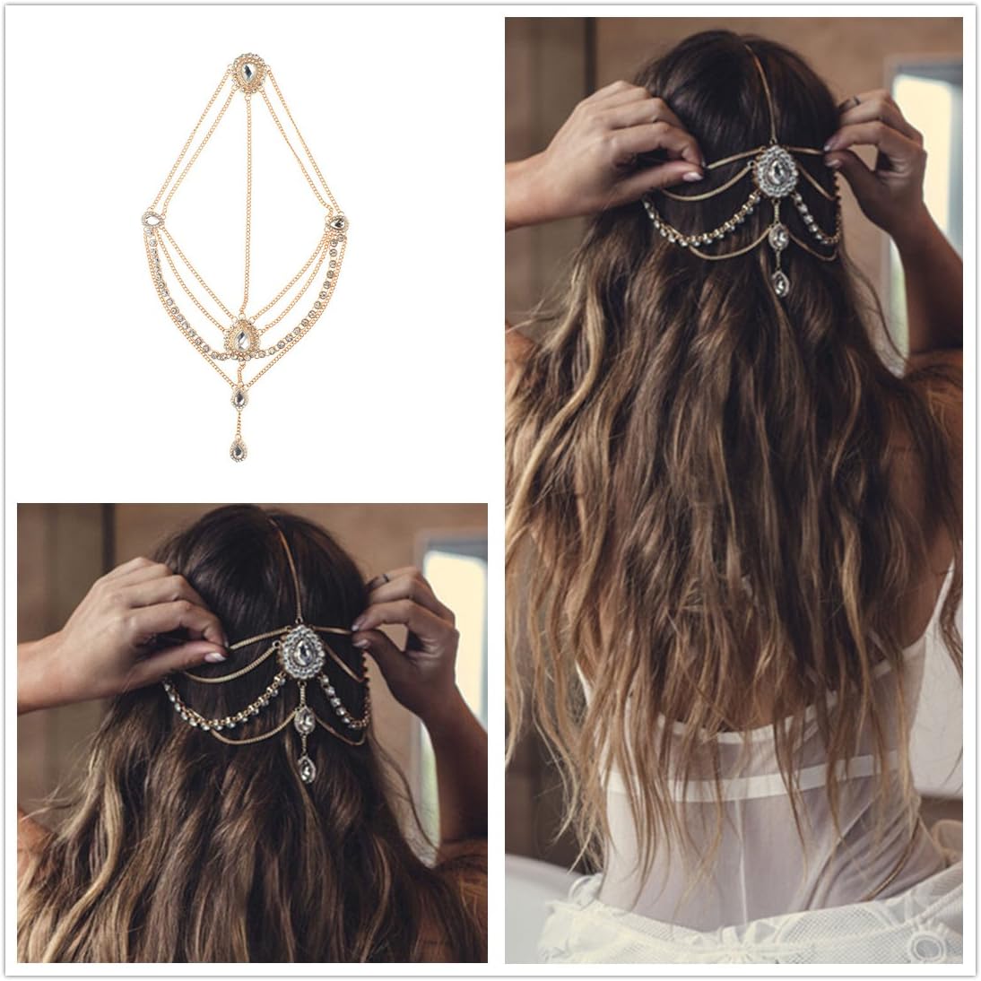 FASCHI Luxury Multilayer Rhinestone Waves Headband, Waterfall Fringe Tassel Hair Chain Wrap Cuff Hairband HeadPiece Head Band Hair Vine Wedding Jewelry (gold)