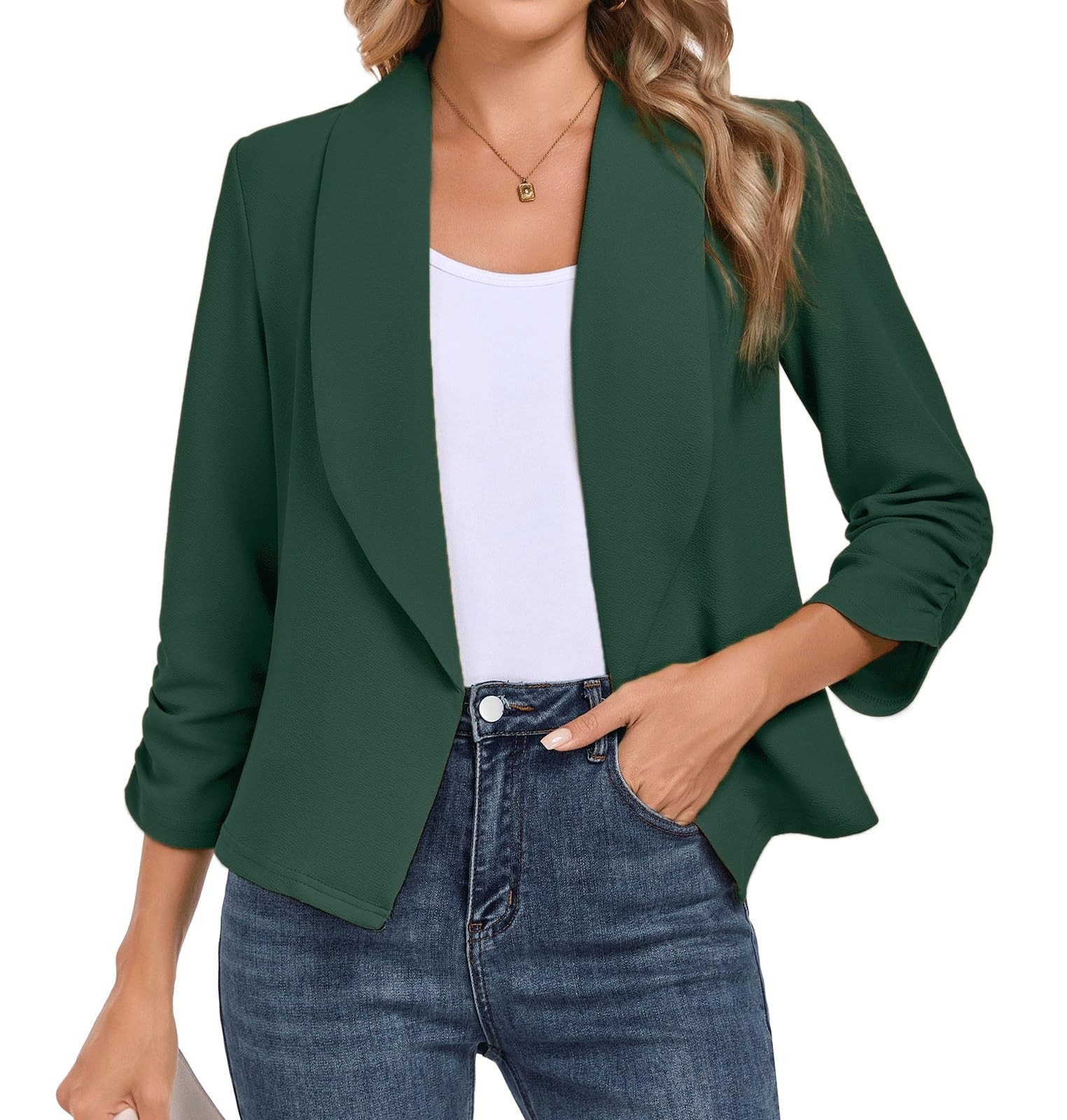 Womens Blazer 3 4 Sleeve Open Front Blazers Slim Fit Casual Work Lightweight Suit Jacket S Green