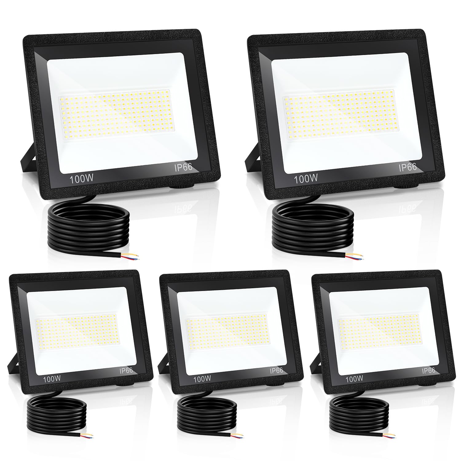 Sonnewelt Zestaw 5 reflektorów LED na zewnątrz, po 100 W, 3 temperatury barwowe, IP66 | 3000 K/4000 K/6500 K do wyboru za pomocą przełącznika CCT, ok. 7300 lm na lampę, kąt świecenia 120° i kabel 1 m.