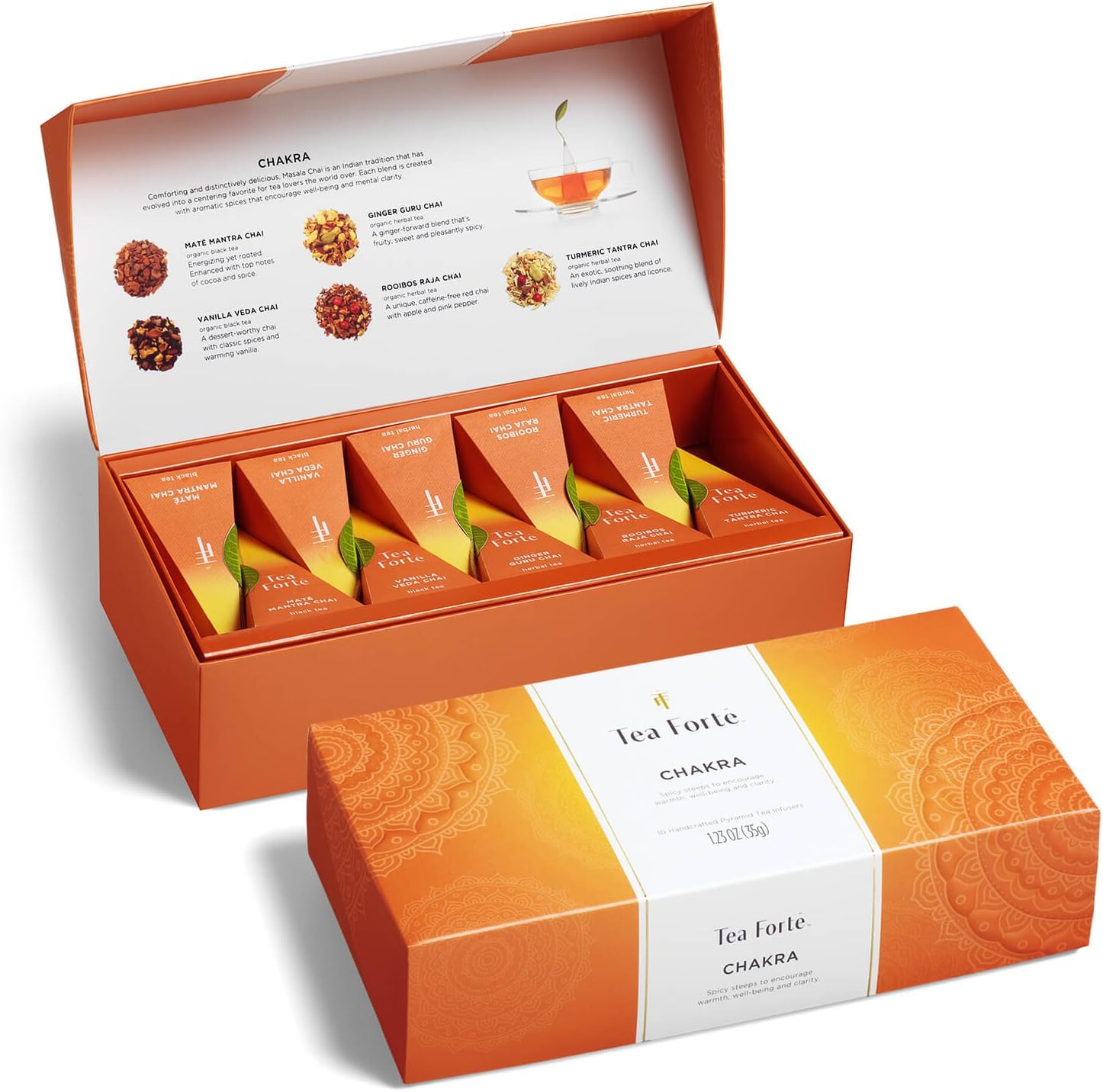 Tea Forte Chakra Chai Petite Presentation Box Gift Set Sampler, 10 Count, 2 of Each Variety Individually Wrapped Handcrafted Pyramid Infuser Bags