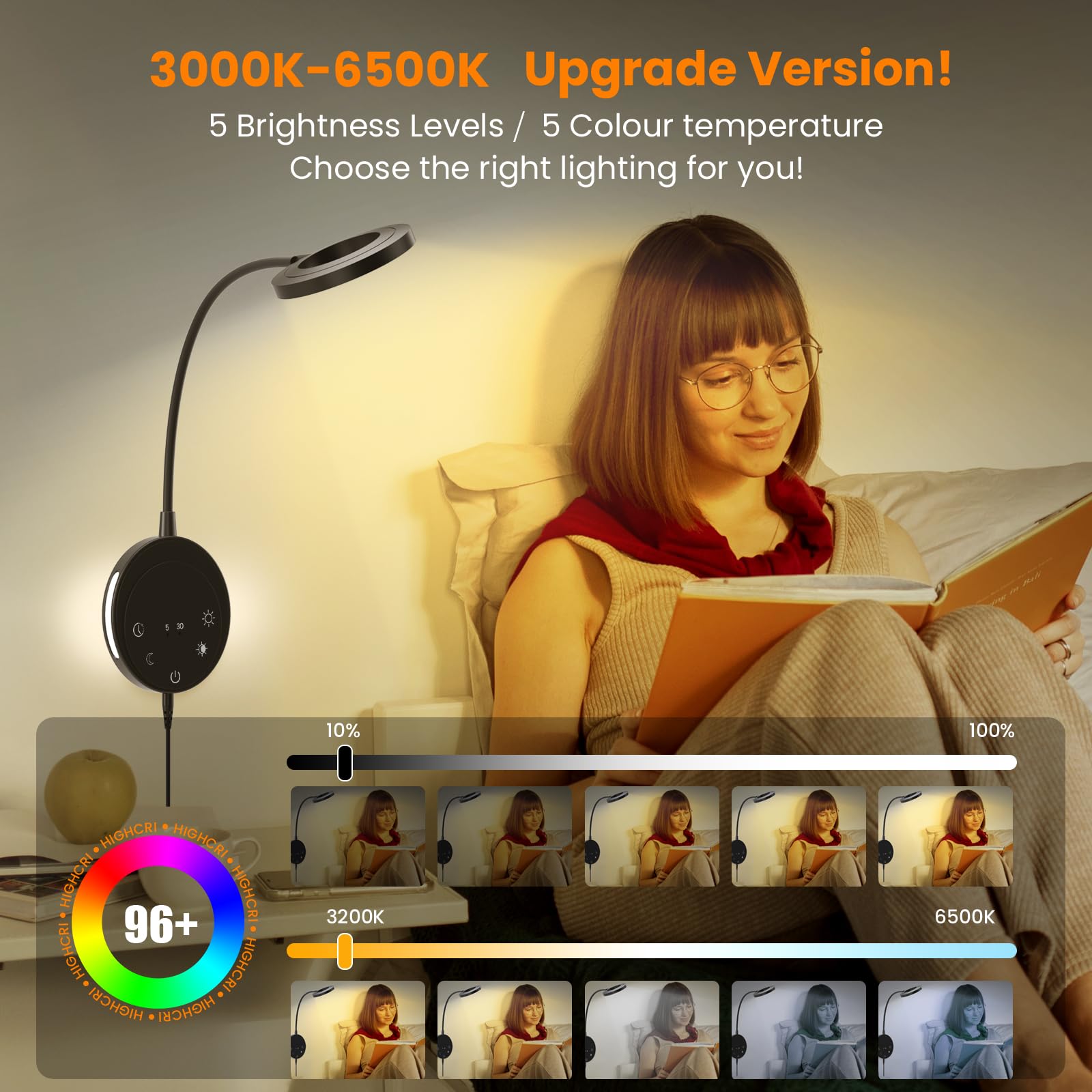 Lampada da lettura da parete, luci da comodino con 5 temperature di colore e 5 dimmerabili, collo d'oca flessibile a 360°, uscita USB, luce notturna e funzione timer, perfetta per la lettura