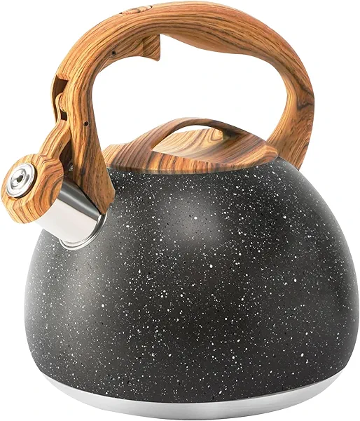 Whistling Tea Kettle Stovetop, Tea Pots for Stove Top Food Grade Stainless Steel with Wood Pattern Handle, 3.2Quart (Black) Black-4