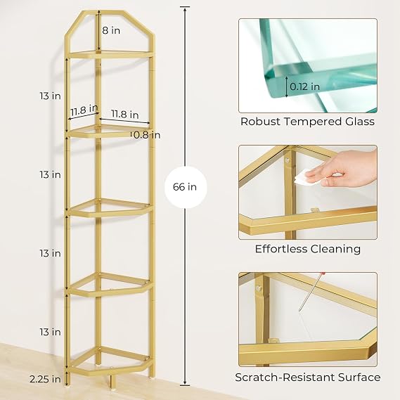 Dreamland 5-Tier 70in Metal Corner Shelf Pack of 1, Gold | Metal Frame, Glass Display Shelf, Standing Book Shelf, Storage Organizer, Living Room, Bedroom