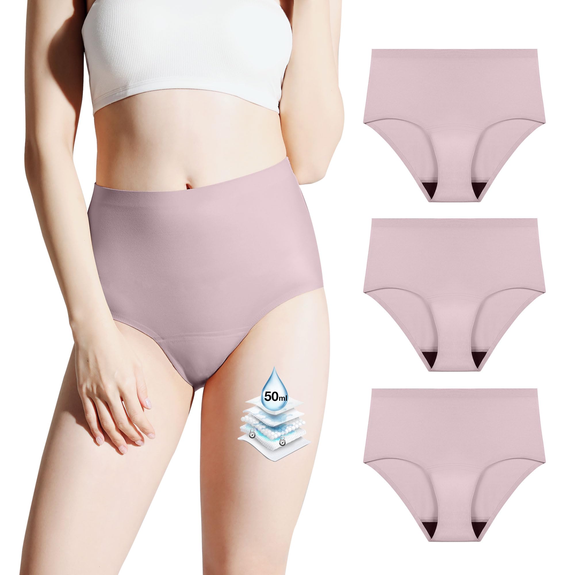 BATTEWA Incontinence Underwear for Women Washable, Leak Proof Underwear High Absorbency, Bladder Leak Underwear Protective Briefs, Seamless Panties 50ml,Lavender,3X-Large (3Pack)