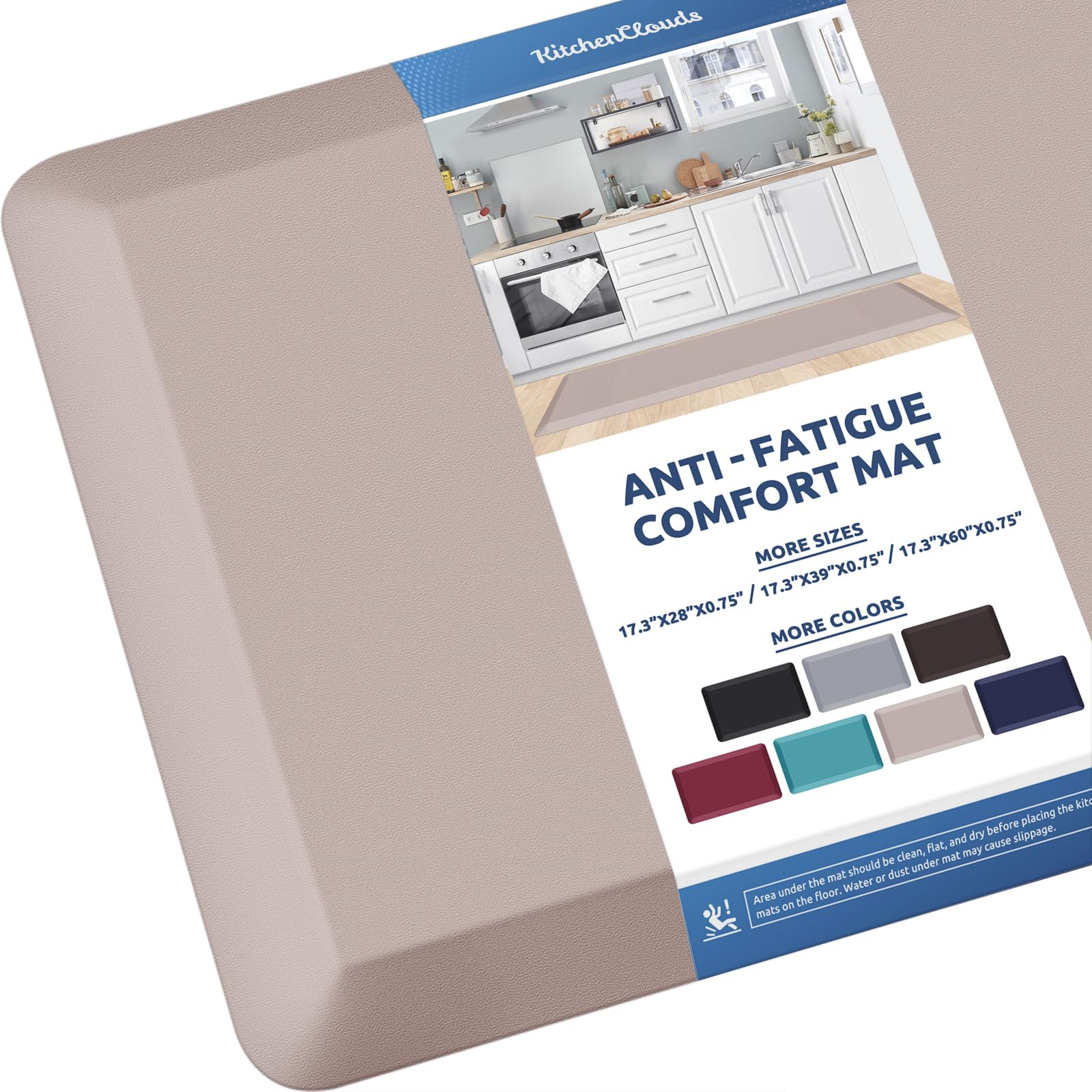 KitchenClouds Kitchen Mat Cushioned Anti Fatigue Kitchen Rug Non Slip Standing Mat Comfort Floor Mats for Sink Office (17.3"x60"- 0.8inch,Khaki)