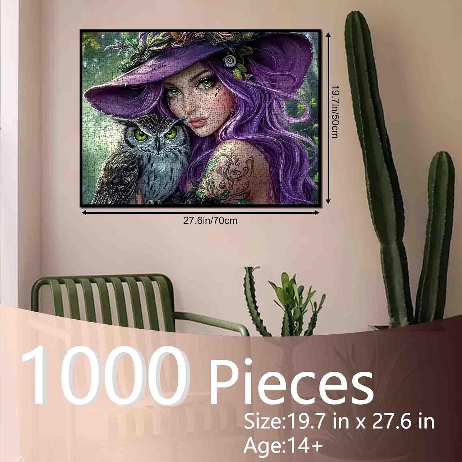 1000 Piece Witch and Owl Jigsaw Puzzles for Adults, Purple Hair Witch Puzzle，Challenging Family Activity Perfect for Game Nights，Beautiful Witch Puzzle Wall Art Halloween Woman Decor