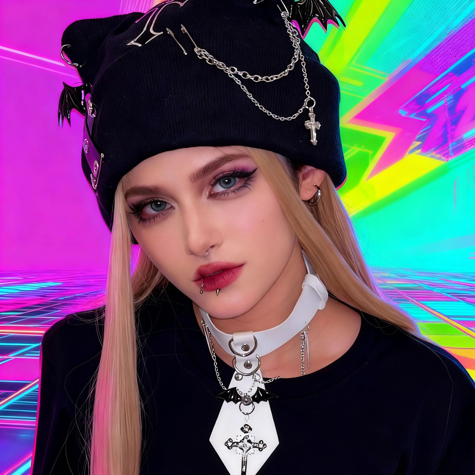 Czapka typu beanie z kocim wzorem, akcesorium do czapki Goth Punk z kocimi uszami dla kobiet, czapka beanie w stylu Y2k Grunge Gothic z dzianiny, czapka damska z łańcuchem, na festiwale