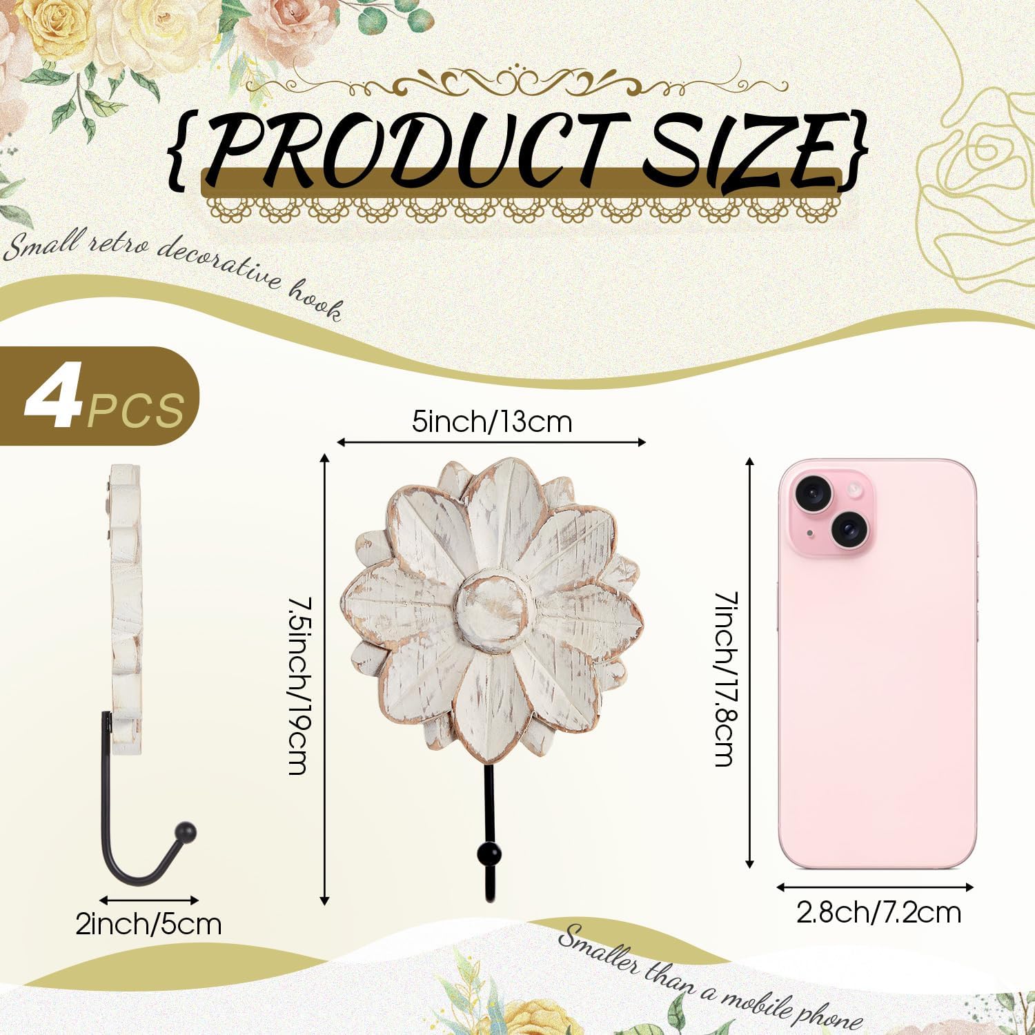 Weysat 4 Pcs Vintage Hooks for Wall Wood Farmhouse Towel Hooks Shabby Chic Wall Decor Boho Coat Hanger for Home Kitchen Office Keys Bags Towel (Floral)