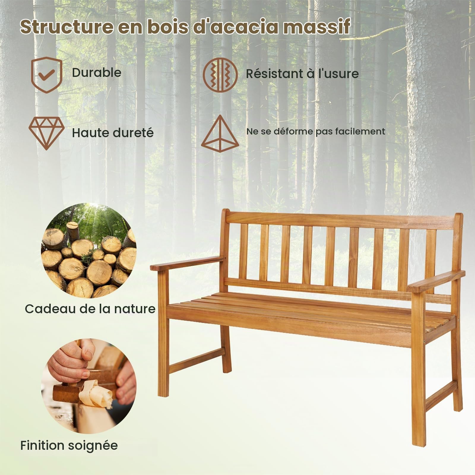 GIANTEX Banc d'Extérieur pour 2 Personnes, Banc de Jadin en Bois d'Acacia, Banc de Parc, avec Dossier et Accoudoirs Ergonomiques, Résistant aux Intempéries, Jardin, Terrasse, 122 x 56,5 x 86 cm