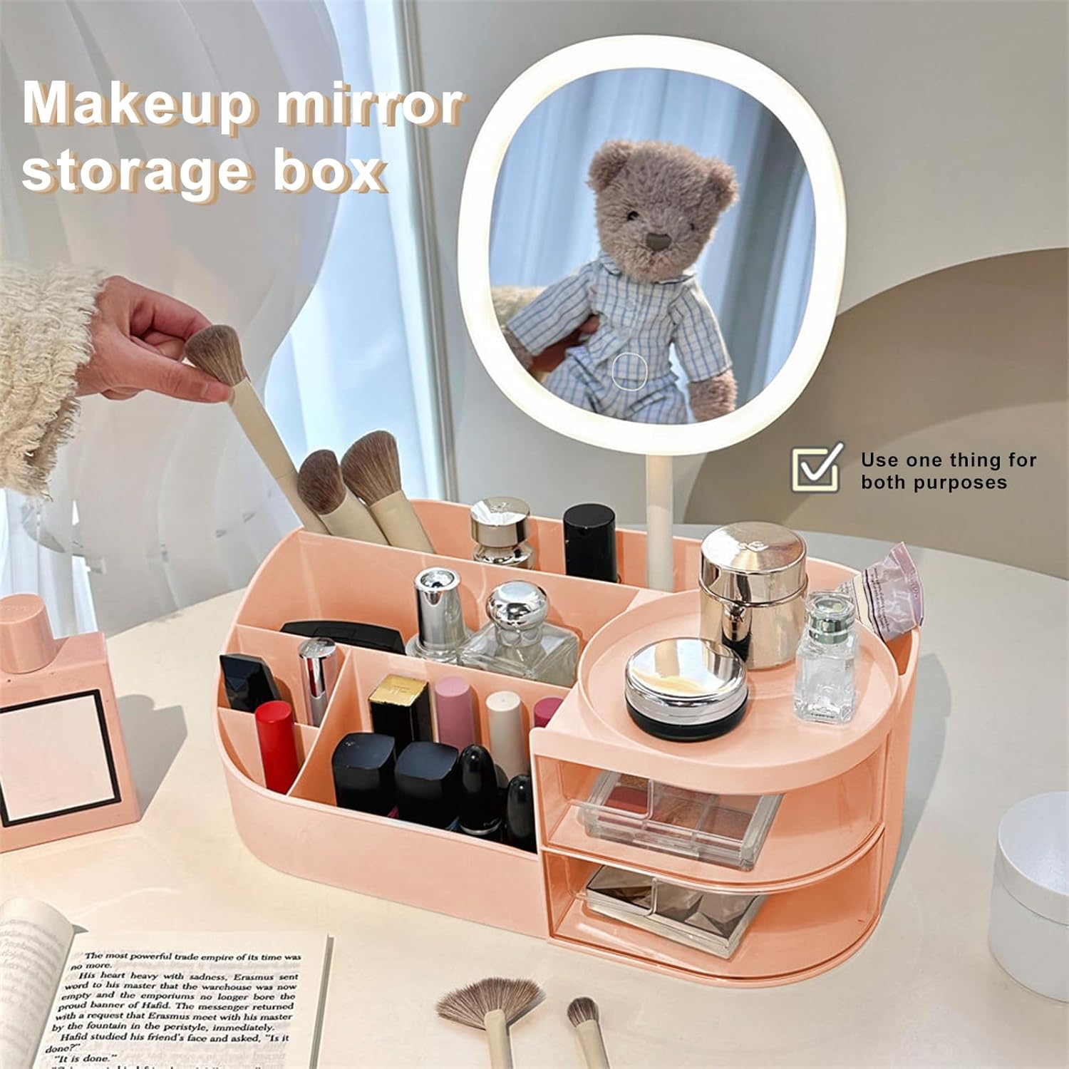 DASITON Makeup Organizer with Rechargeable Mirror,Makeup Brush Holder with 2 Drawers,Skincare and Cosmetics Organizer Countertop,Large Capacity Cosmetic Display Case for Vanity,Bedroom,Bathroom(Green)