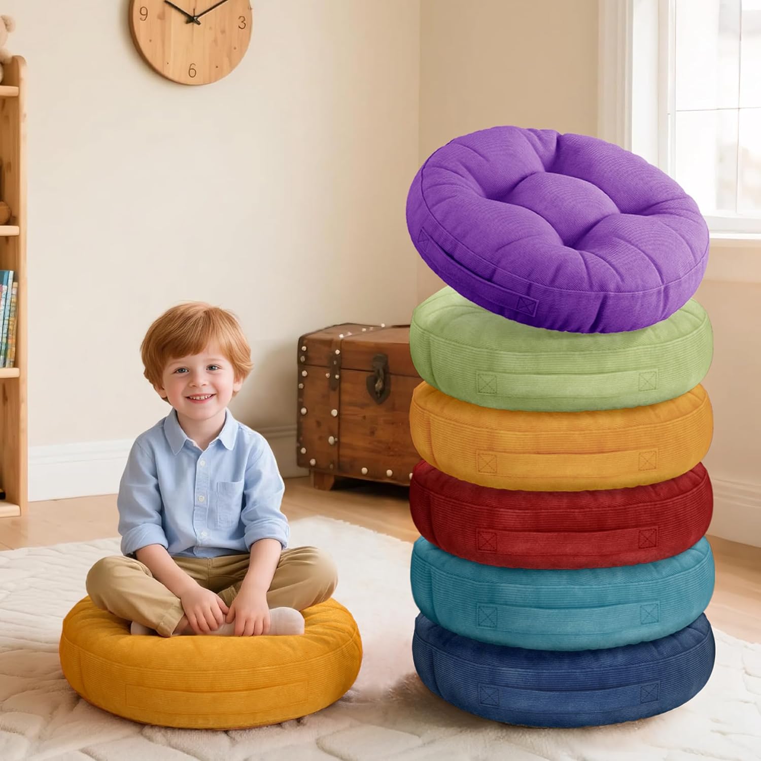 Degrees of Comfort 6Pcs Round Floor Cushions for Kids, Waterproof Flexible Seating for Classroom Elementary, Safe Smolder Resistance Sitting Pillows with Handles, 15-inch, Vibrant