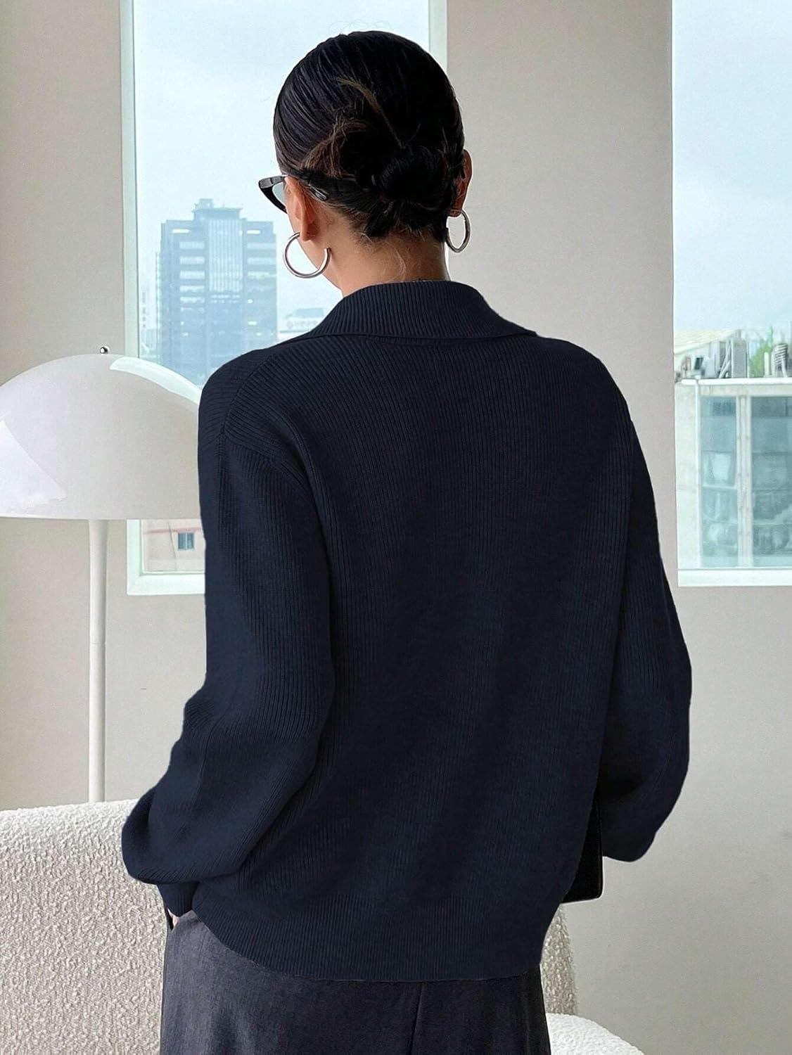 Women's Trench Coat Drop Shoulder Zip-Up Long Sleeve Casual Blouse Classic Overcoat