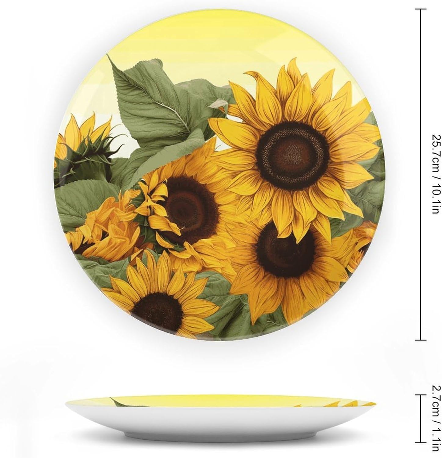 Sunflowers Floral Ceramic Plate 10inch Decorative Bone China Wall Hanging Ornament Plates Bohemian Style Dinner Plate with Display Stand Cabinet Display Plates for Home Art Decor