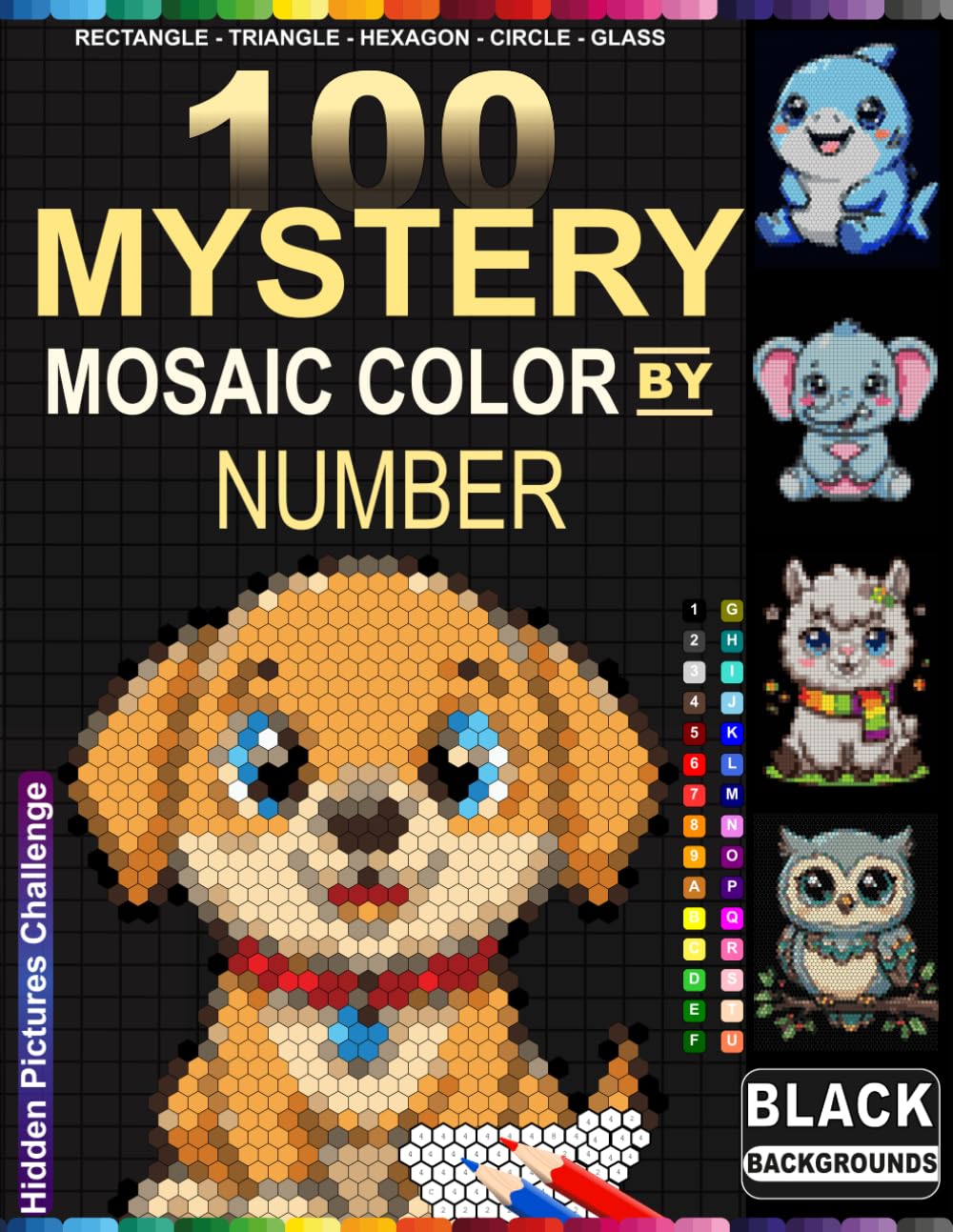 Cartoon Animals Color by Number Mystery Mosaic: 100 Hidden Adorable Cartoon Animals — Relaxing Mosaic Coloring Book for Adults, Teens & Seniors with Black Backgrounds