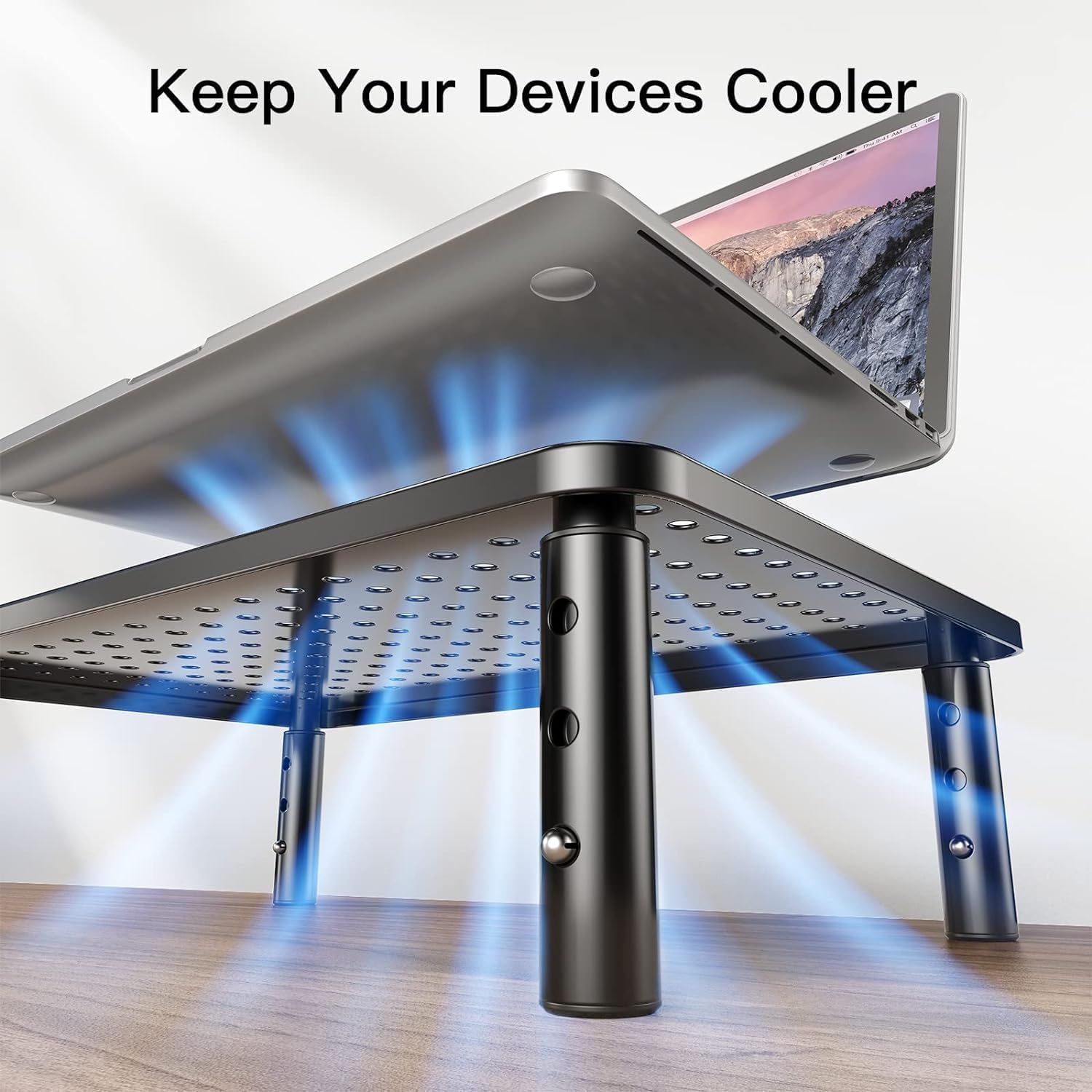 Huanuo - Supporto per monitor con 3 altezze regolabili per computer portatili, computer, iMac, PC, stampanti, desktop ergonomico, supporto per monitor con piattaforma in rete per flusso d'aria