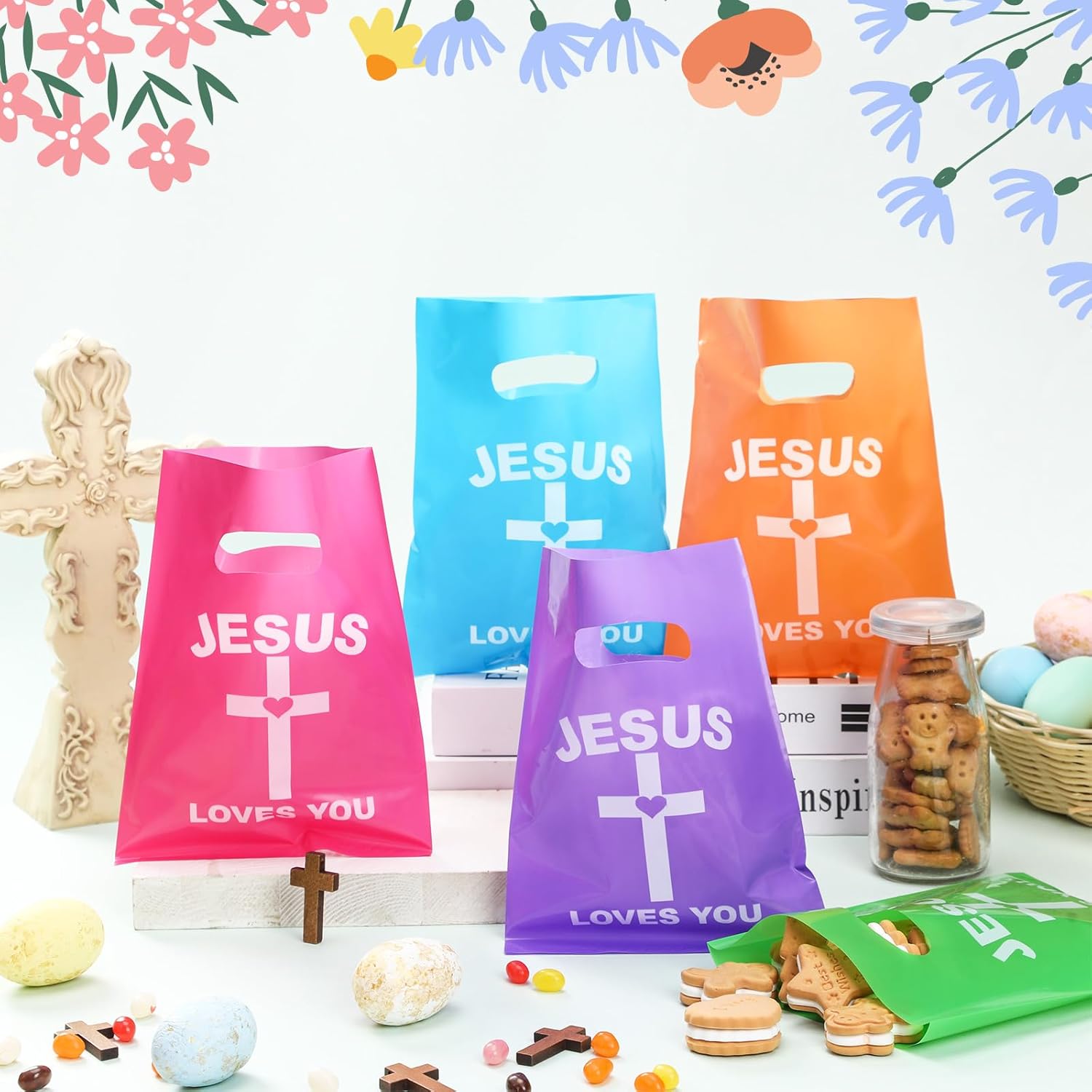 Gilprop 50 Pcs Jesus Loves You Gift Goody Bags Plastic Colorful Religious Christian Church Scripture God Bless Bible Cross Treat Candy Snack Bags for First Communion Easter Vbs Party Favor - Image 3