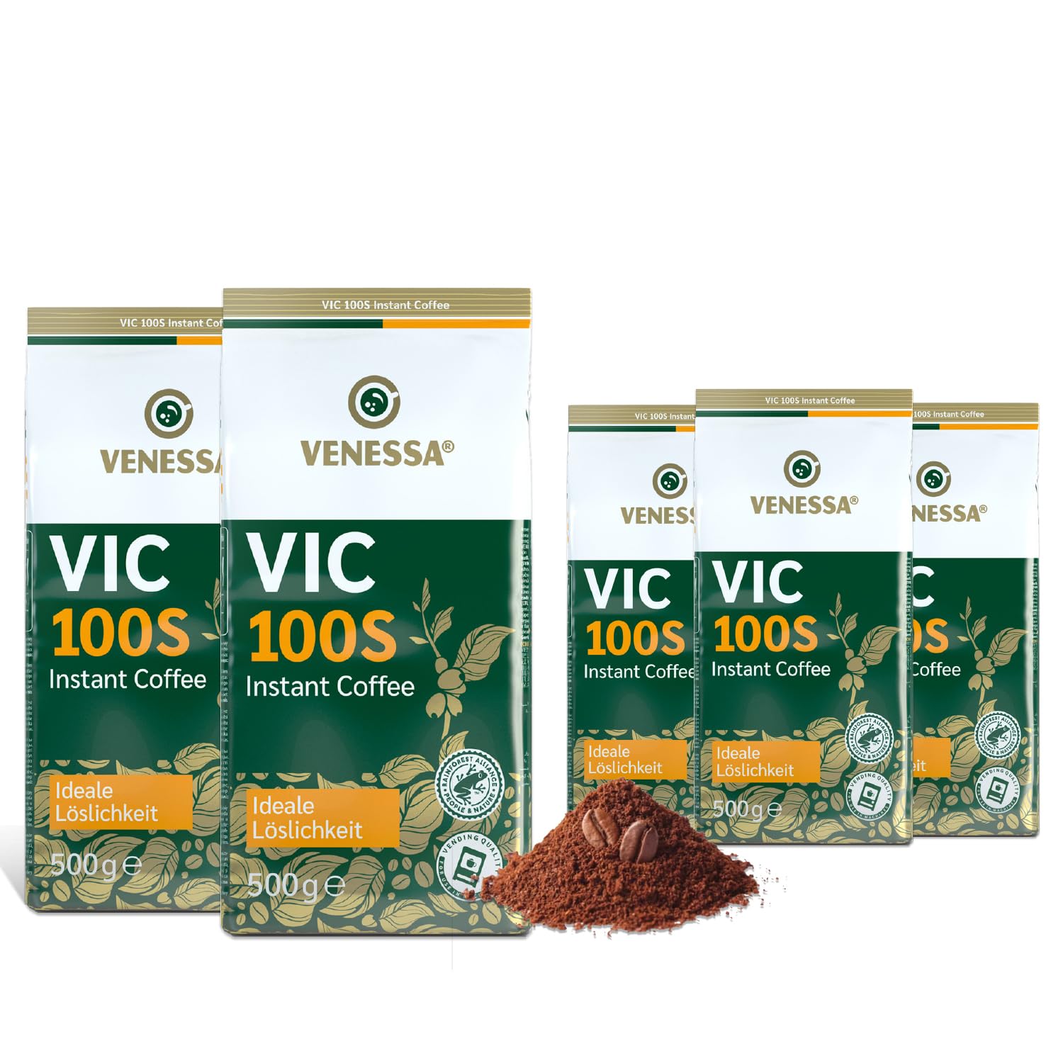 Venessa VIC 100S löslicher Instant Kaffee, 5 x 500g Premium Kaffee für Kaffeeautomaten, Kaffeespezialität, schonend geröstet, gefriergetrocknet, UTZ-zertifiziert