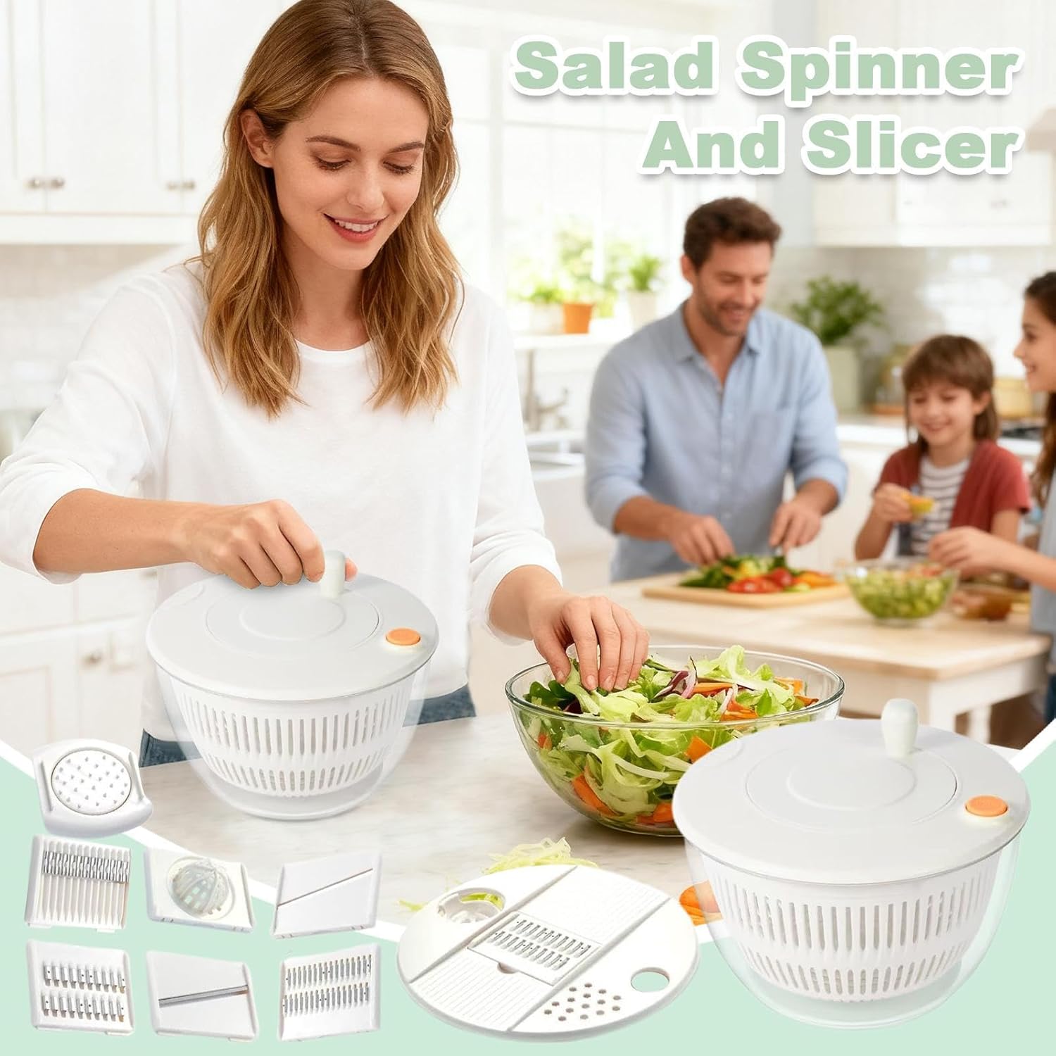 Salad Spinner And Slicer, Large Capacity And Efficient Drying, 9.25 Inches, Vegetable Dryer, Colander Wash Bowl, Multifunctional Kitchen Tool, For Cucumbers, Potatoes, Garlic, Ginger, or Leafy Greens