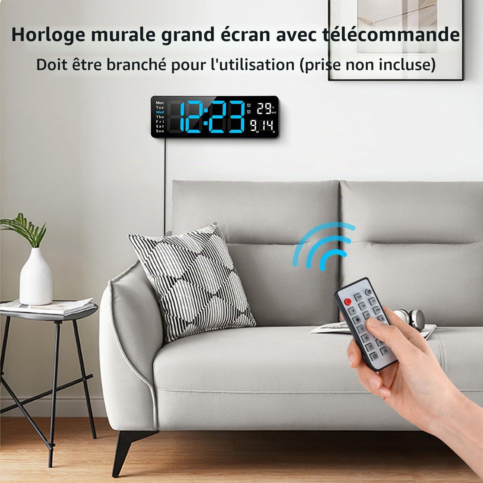 Fuloon Horloge Murale Numérique LED avec Télécommande Positif Compte à Rebours Luminosité Réglable Pendules Murales pour Salon Cuisine Bureau Gymnase (13 Pouces, Bleu)