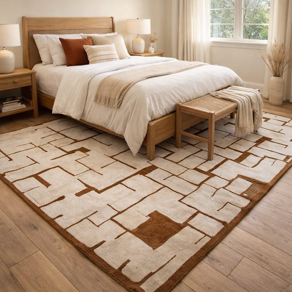 6'x10' Hand Tufted Wool Area Rug Brown & Ivory Modern Pattern Carpet, Soft Textured Rectangular Floor Rug for Living Room Bedroom Dining Space Home Decor