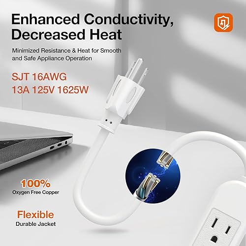 Miniatura 3 de Paquete de 2 regletas de alimentación de 3 clavijas, color blanco delgado, 3 tomas de tierra, cable de alimentación de extensión resistente de 1