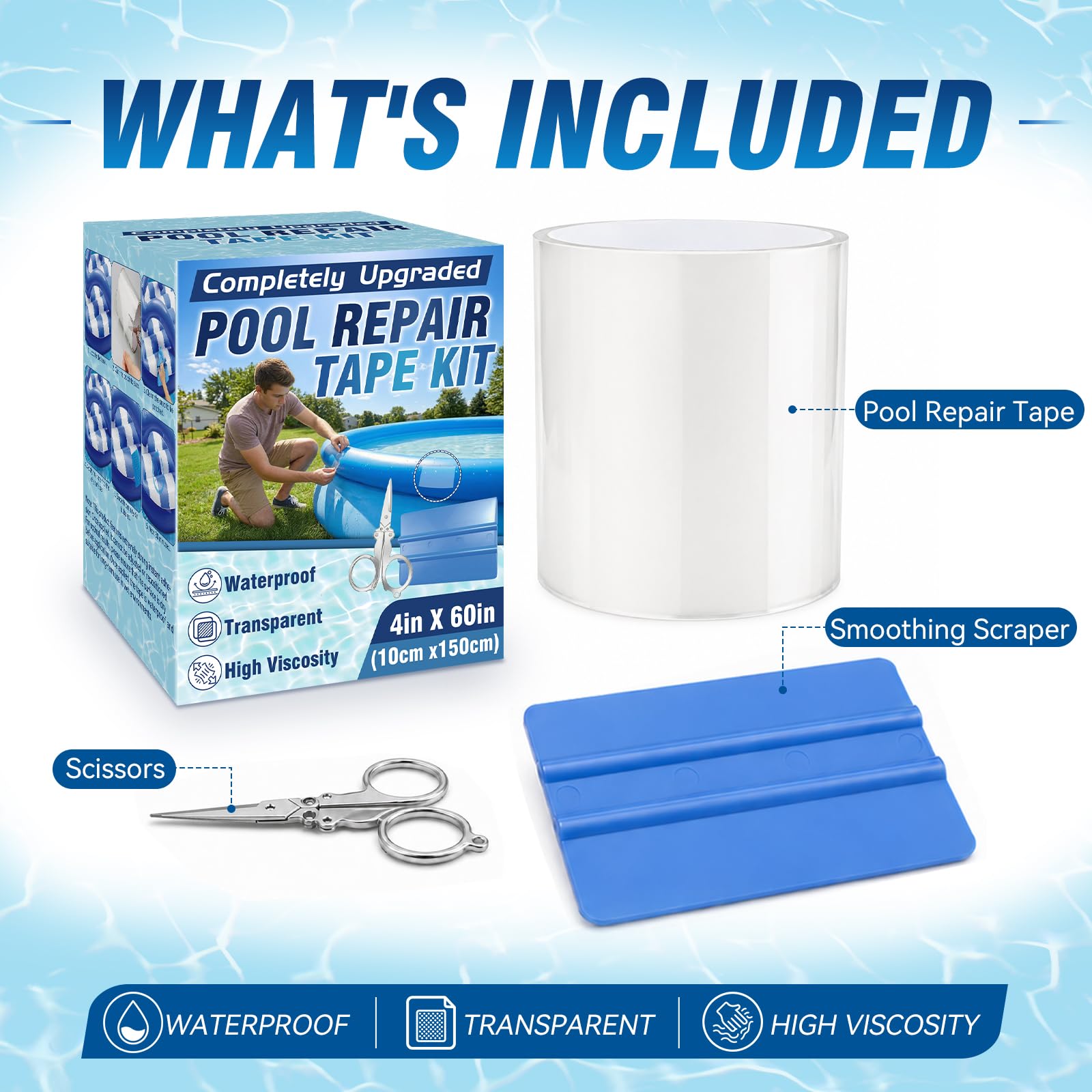 Vigorder Pool Reparaturset Unterwasser, 10x150cm PVC Pool Reparaturset, Unterwasserkleber & Transparentes Flex Tape, Selbstklebende Pool-Patches für Poolfolie, Schlauchboote und Luftmatratzen | Transparente, unsichtbare Reparatur