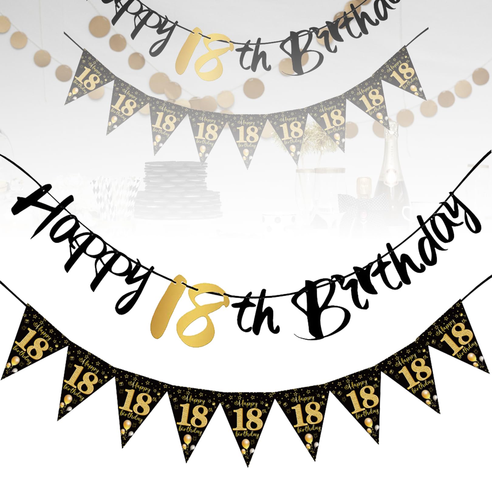 2 Stück Deko 18. Geburtstag Junge, Geburtstagsdeko 18 Deko 18 Geburtstag, Banner Mädchen, Schwarz Gold Absperrband Happy Birthday, Geburtstagsbanner, Für Junge Mädchen Party Wimpelkette Dekorationen