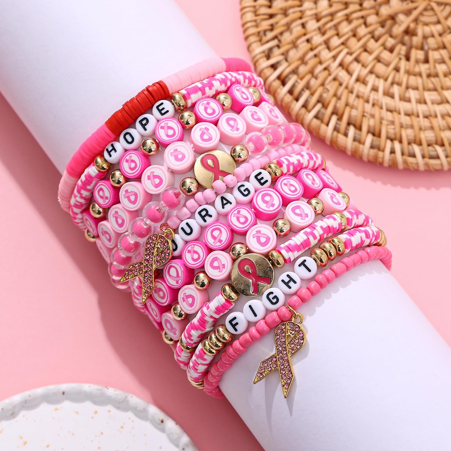 𝐇𝐞𝐢𝐬𝐡𝐢 𝐁𝐞𝐚𝐝𝐞𝐝 𝐒𝐭𝐫𝐞𝐭𝐜𝐡 𝐁𝐫𝐚𝐜𝐞𝐥𝐞𝐭𝐬 for Women Teen Girls St.Patrick's Day Valentine's Day Christmas Breast Cancer Bracelets Stackable Polymer Clay Beads Bracelets Friendship Boho Bracelets Jewelry Set - Image 5