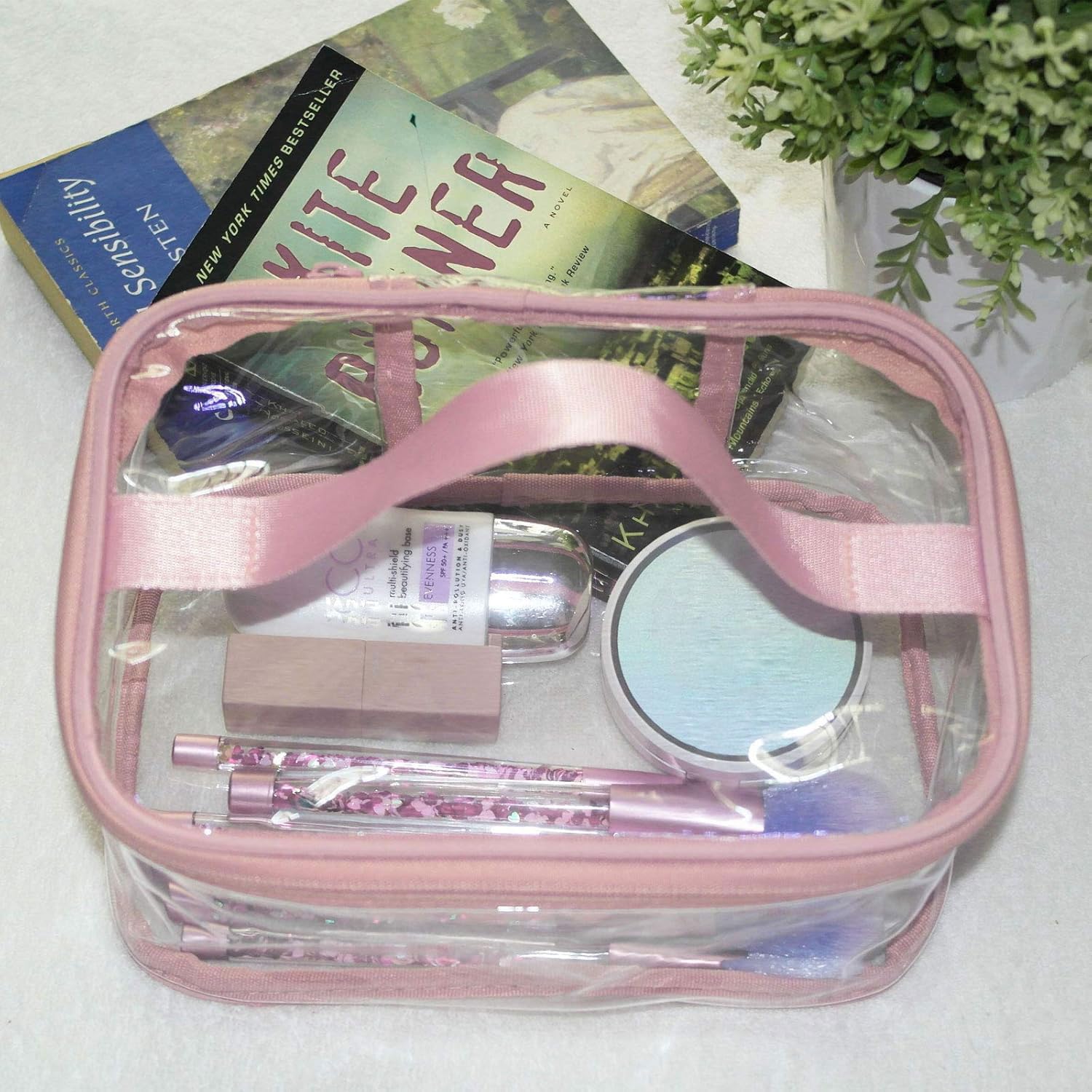 Neceser de Maquillaje Transparente portátil Impermeable para Viaje, Grande, Color Rosa