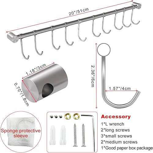 Miniatura 3 de Estante colgante de cocina, soporte para ollas de pared de 20 pulgadas con 10 ganchos deslizantes silenciosos, organizador de rieles para utensilios
