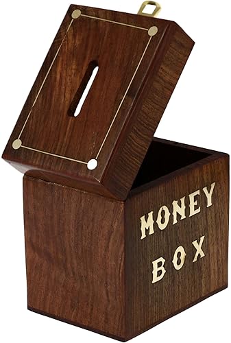 Miniatura 5 de Hucha de madera hecha a mano  Ideas de regalos para niños y adultos  Caja de banco de monedas para ahorrar dinero  Esquinas con incrustaciones de