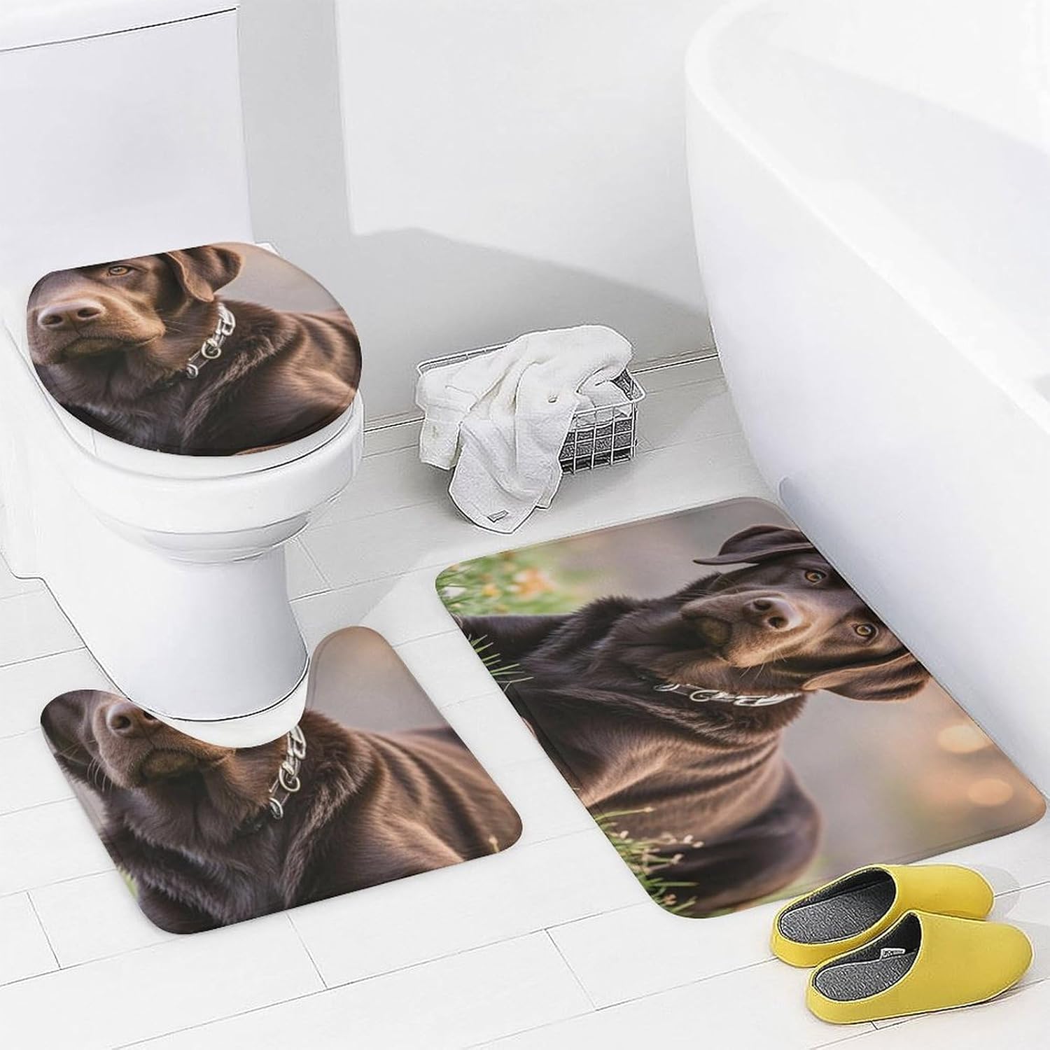 4 Piece Bathroom Rug Set with Shower Curtain, Non-Slip Bath Mat Toilet Cover Set, Brown Labrador Retriever Bathroom Rug Sets