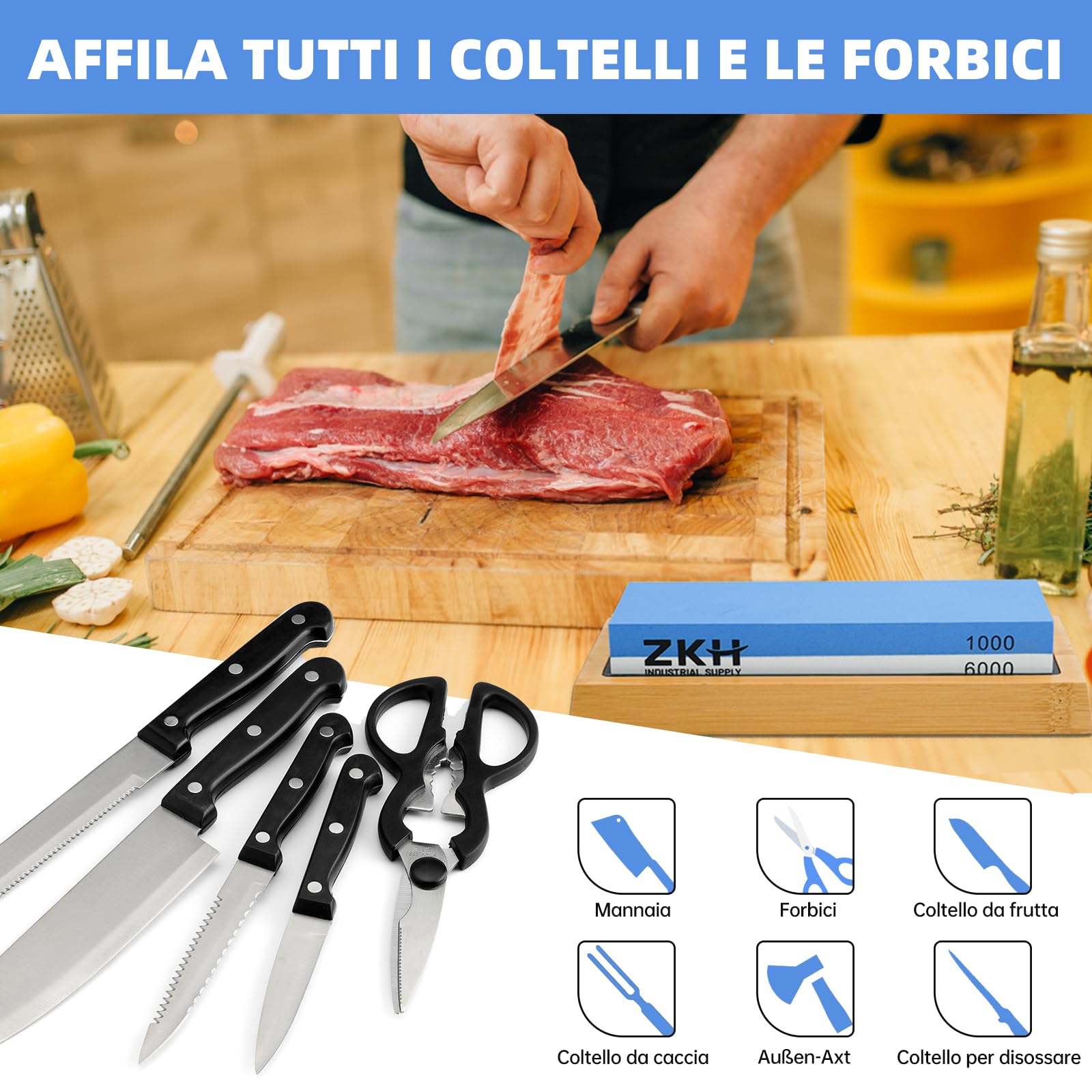 ZKH 5 in 1 Pietra Affilacoltelli, Pietra per Affilare Coltelli Doppia Faccia Grana 1000/6000, Pietre Affilatura Coltelli con Base in Bambù Antiscivolo, Pietra per Appiattire, Guida Angolare