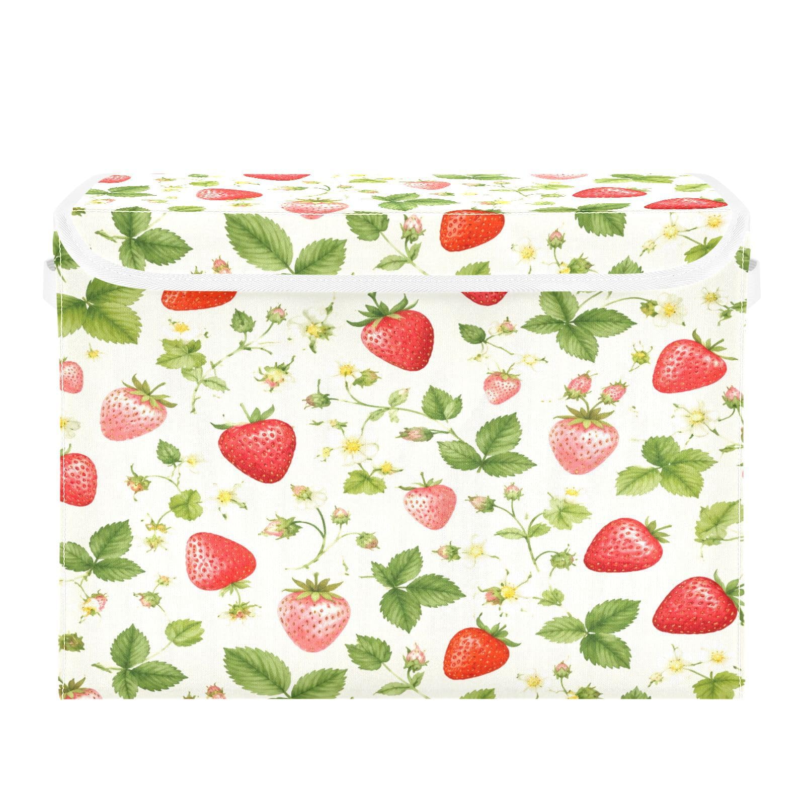 Cgiub Strawberry Storage Bins with Lids Decorative Fabric Storage Boxes with Handles Closet Organiser Foldable Baby Basket for Nursery Bedroom Office