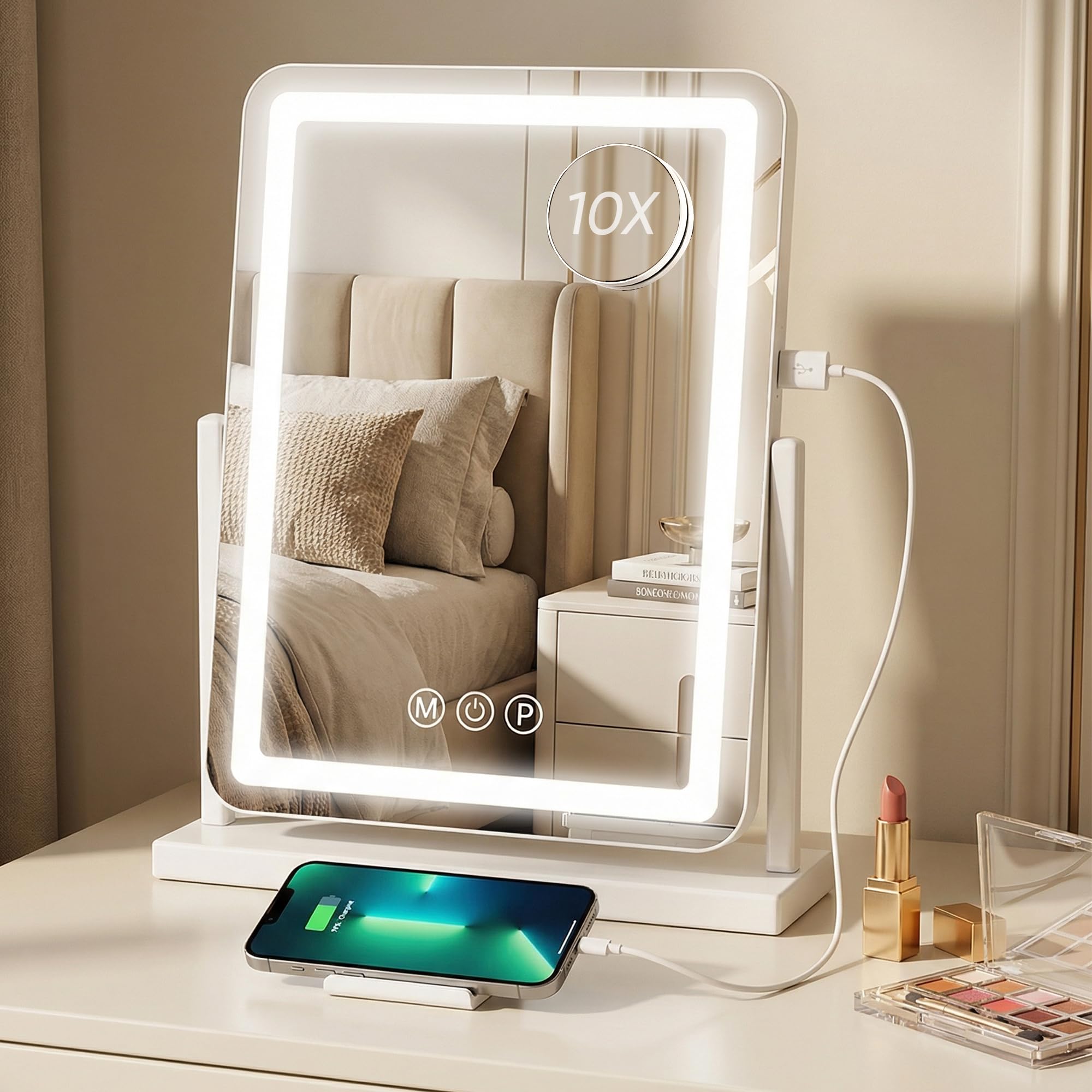 Antok Schminkspiegel mit Beleuchtung, 33x46cm LED Kosmetikspiegel HD, 360° Drehung, 10-Facher Lupe, 3 Farbtemperaturen, Dimmbar, Speicherfunktion, Touch Steuerung, Ladeanschlüssen