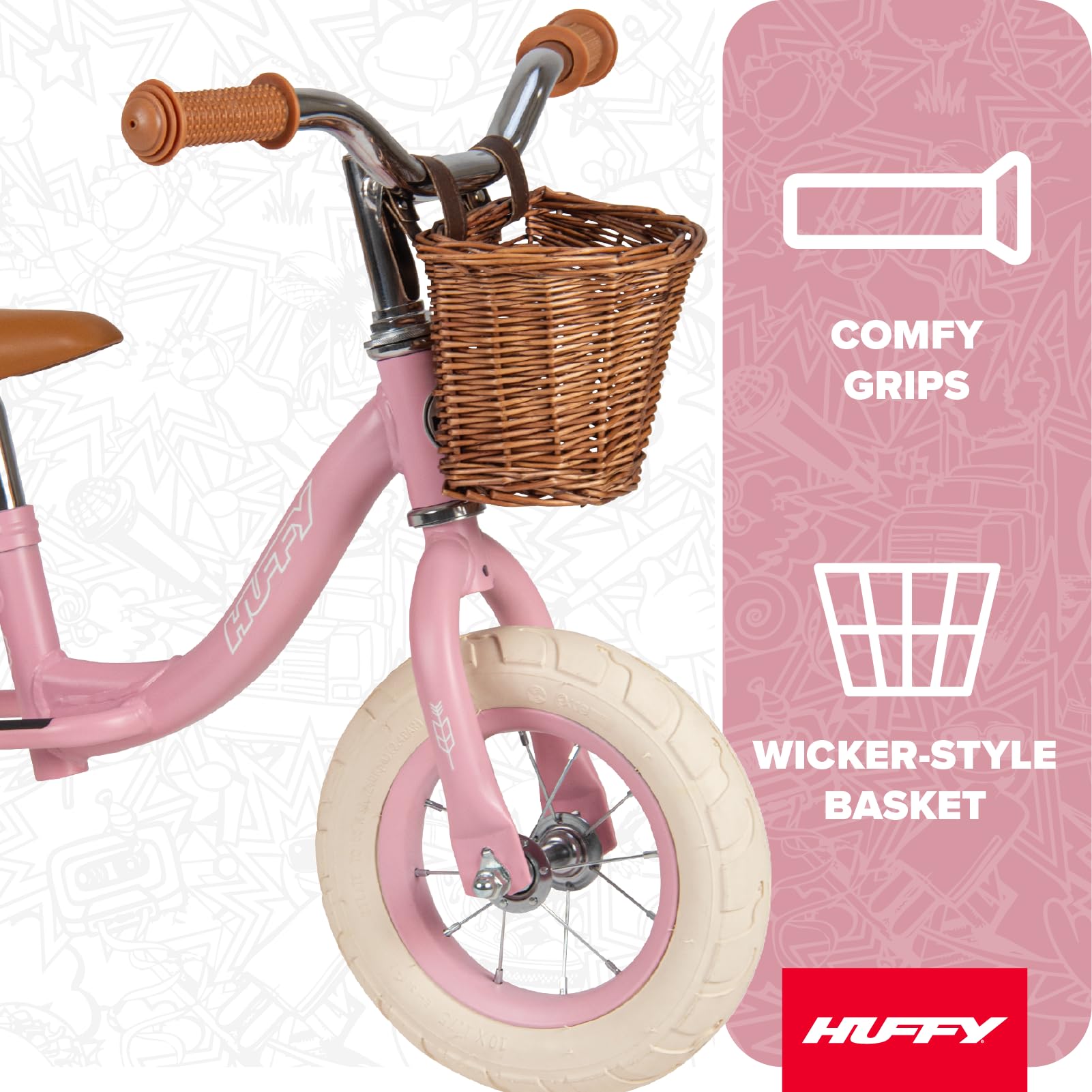 Huffy Retro dziecięcy rower biegowy w stylu vintage, koła 10", regulowane siedzisko i kierownica, kosz dla dzieci od 2 lat, różowy