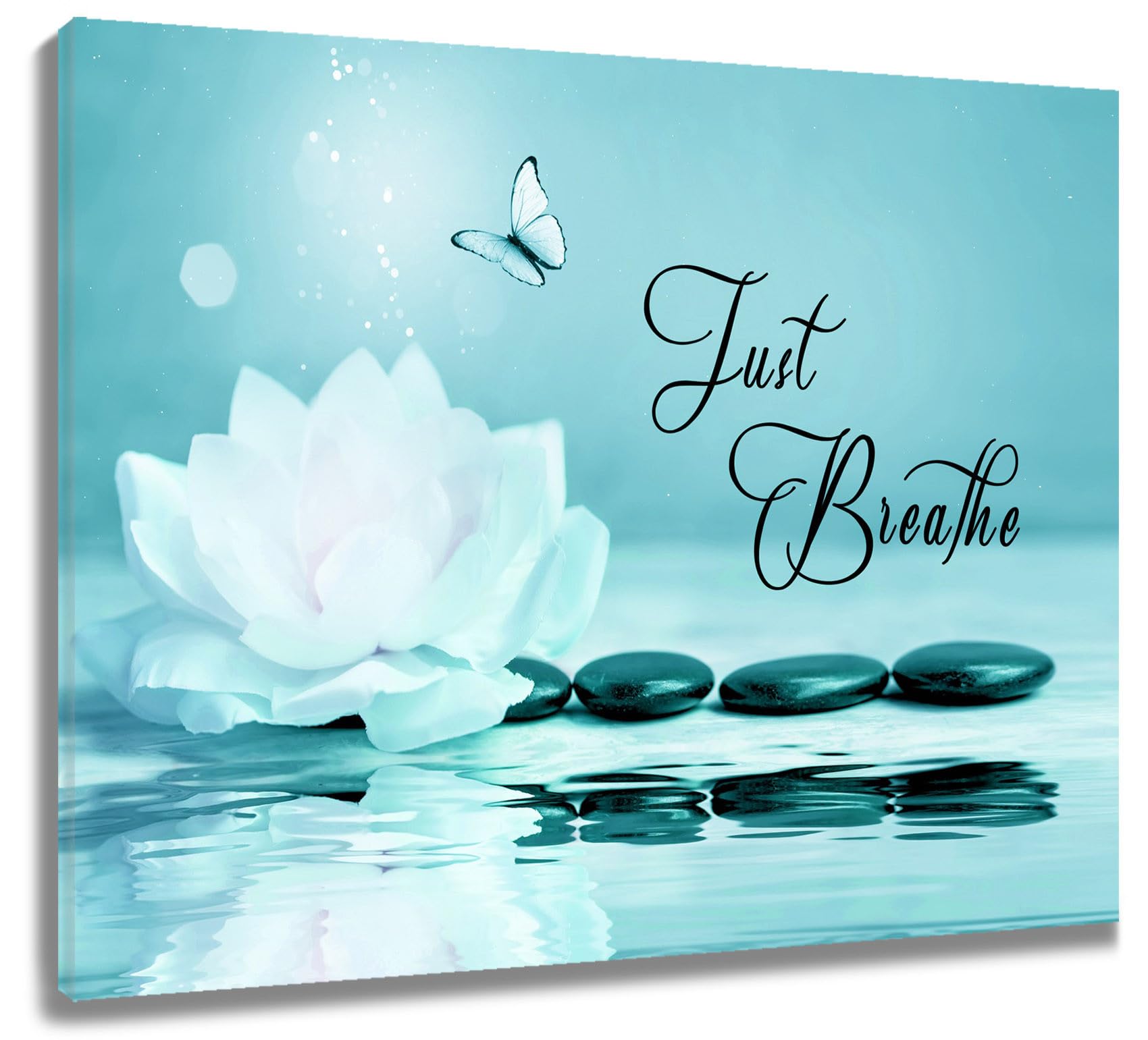LB Zen Stone Wall Art Waterlily Flower Teal Butterfly Canvas Wall Art for Living Room Just Breathe Yoga Spa Relax Poster Paint Wall Art Decor for Bathroom Kitchen Bedroom,16Wx12H inch Wooden Framed โ image 1