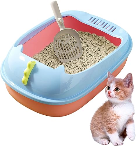 RMNHPTK Caja de arena abierta para gatos, inodoro antisalpicaduras para gatos con cuchara tamizadora de arena para evitar fugas de arena, bandeja de
